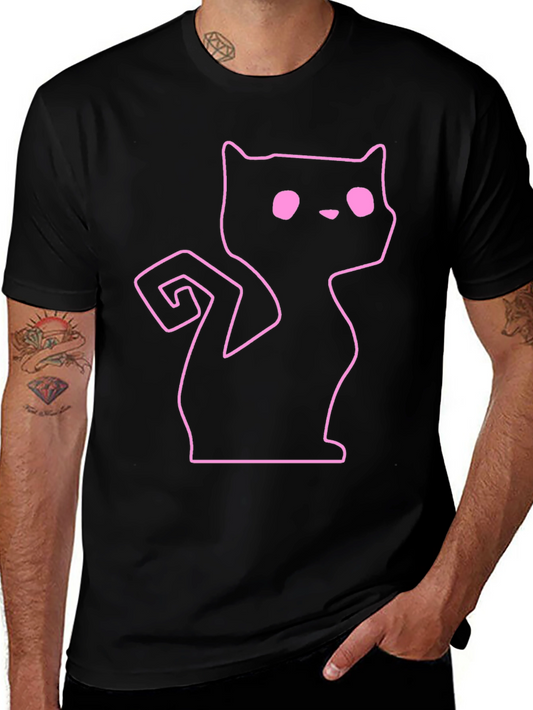 Pink Outline Cat Graphic Black T-Shirt