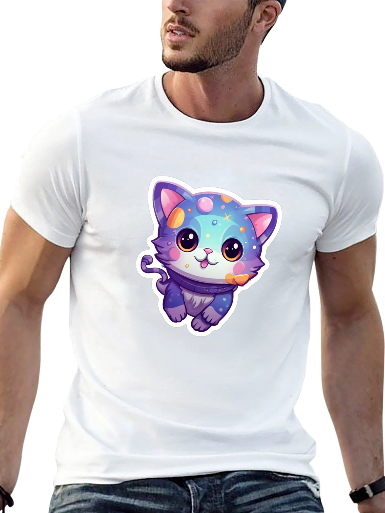 Cute Cartoon Cat Graphic Tee - Black
