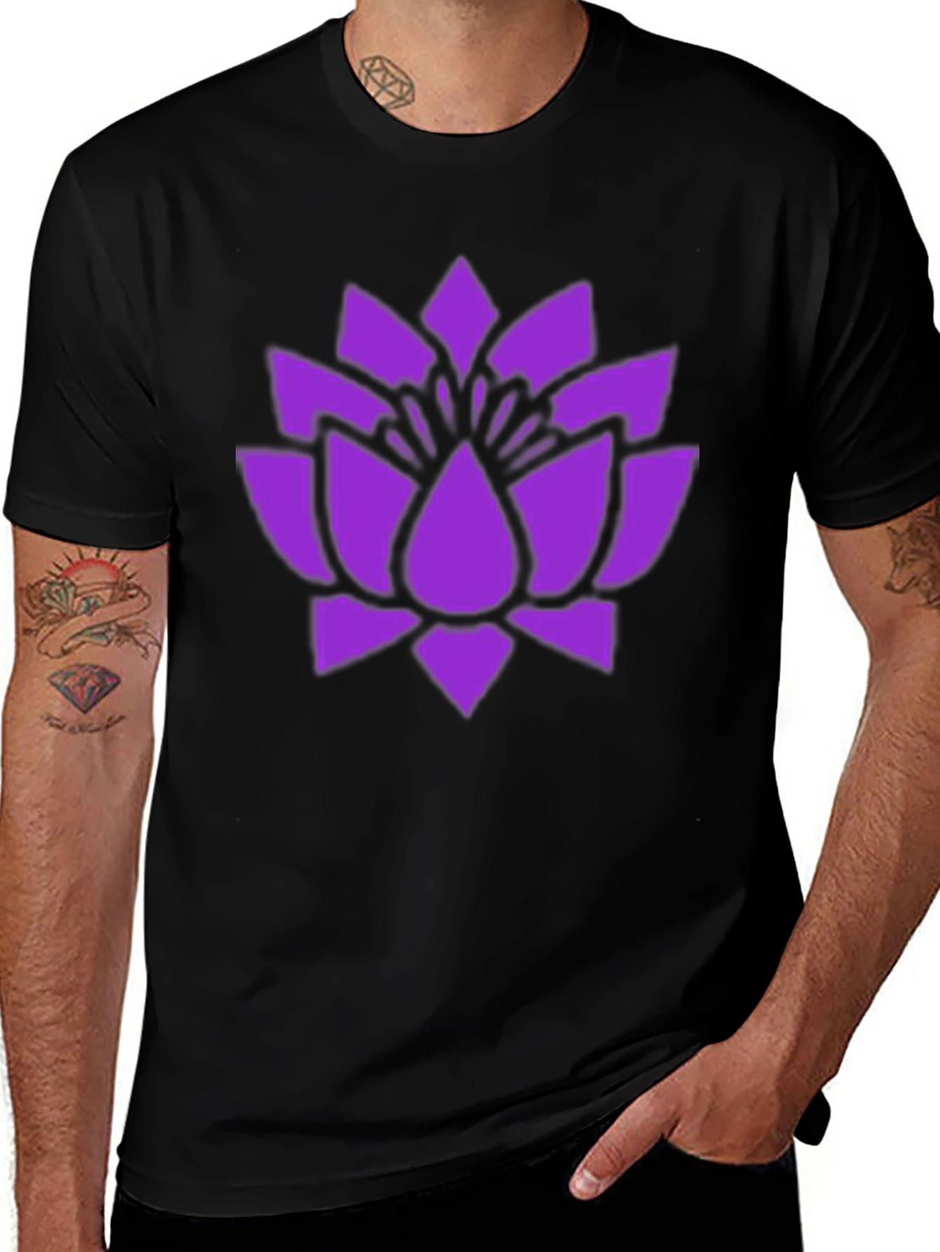 Purple Lotus Flower Graphic Black T-Shirt
