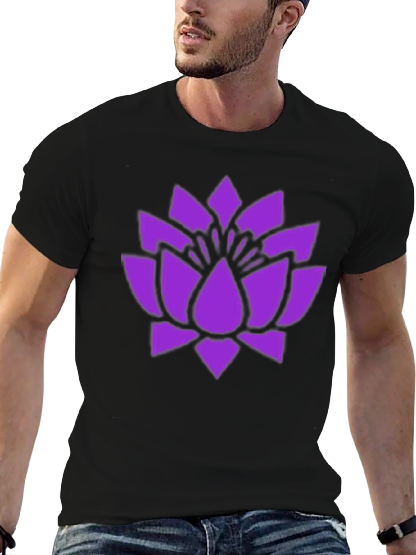 Purple Lotus Flower Graphic Black T-Shirt