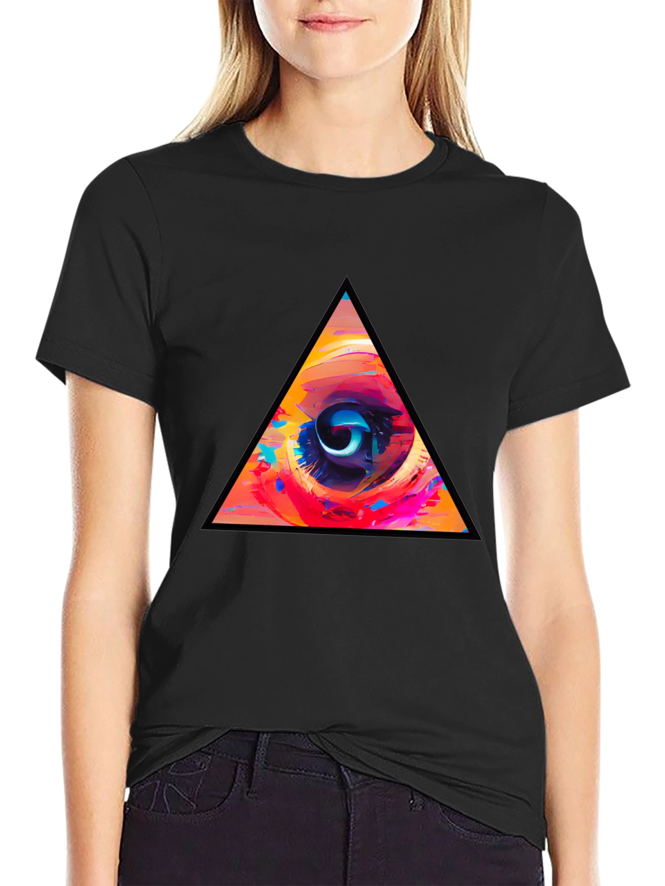 Abstract Eye Triangle Graphic Black T-Shirt