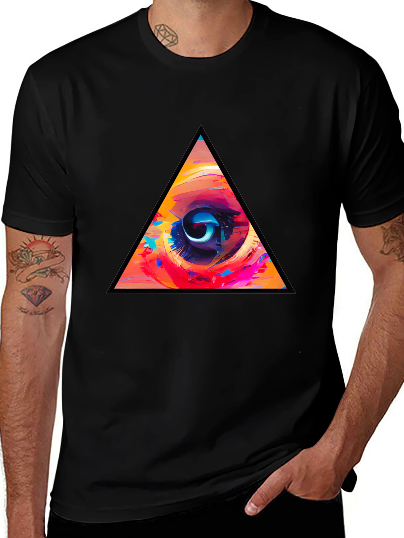 Abstract Eye Triangle Graphic Black T-Shirt