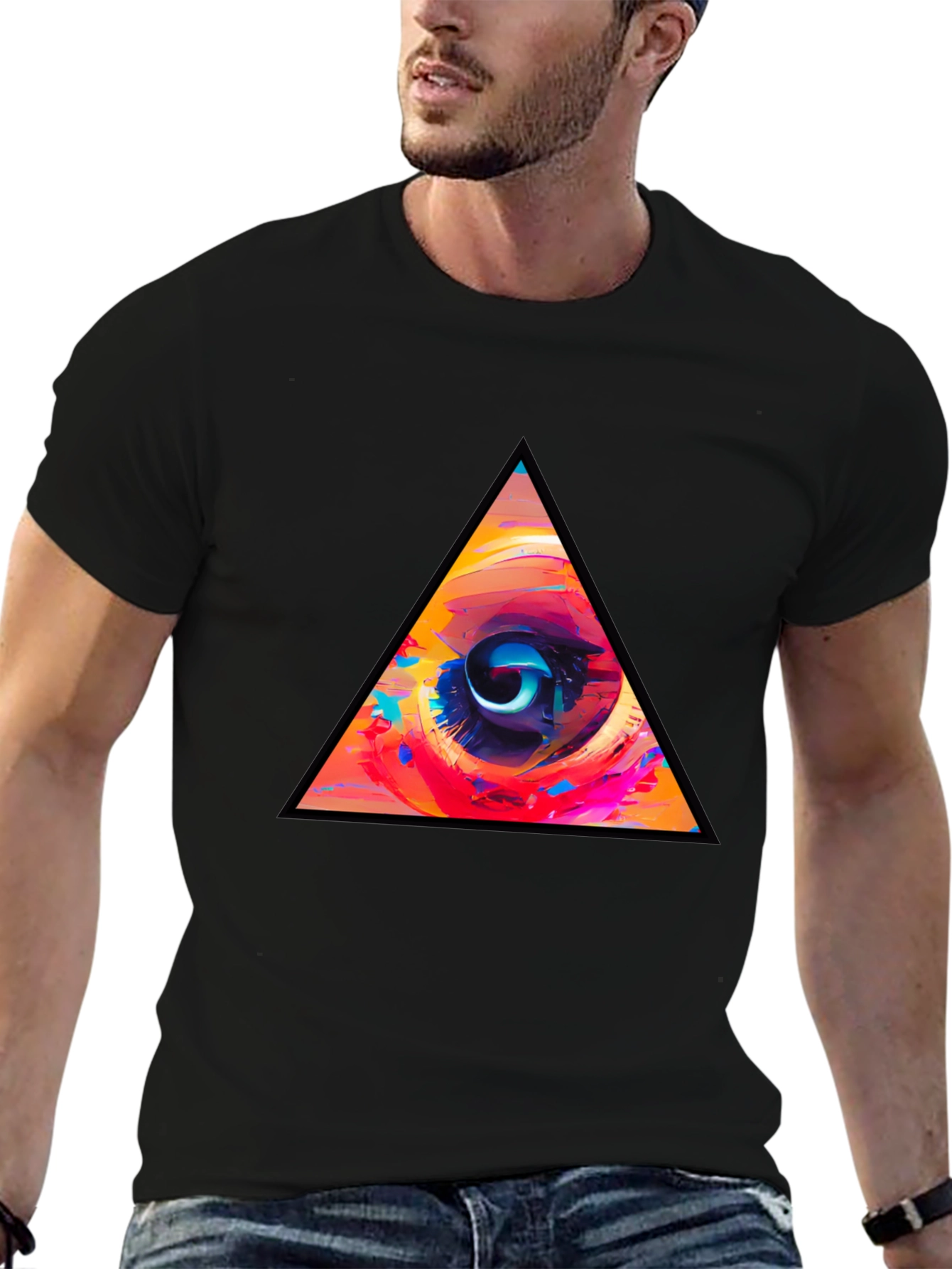 Abstract Eye Triangle Graphic Black T-Shirt