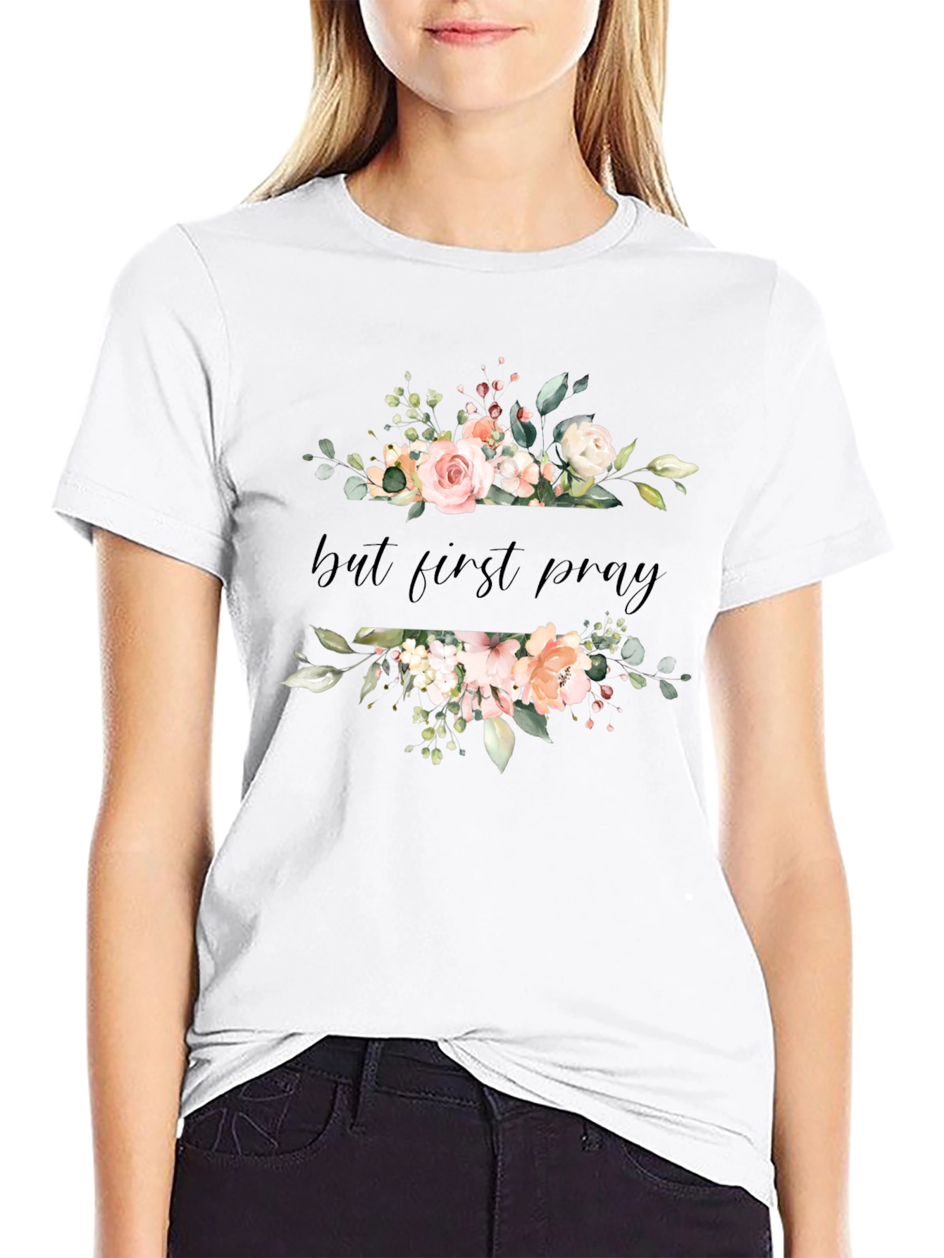 Floral But First Pray Black T-Shirt