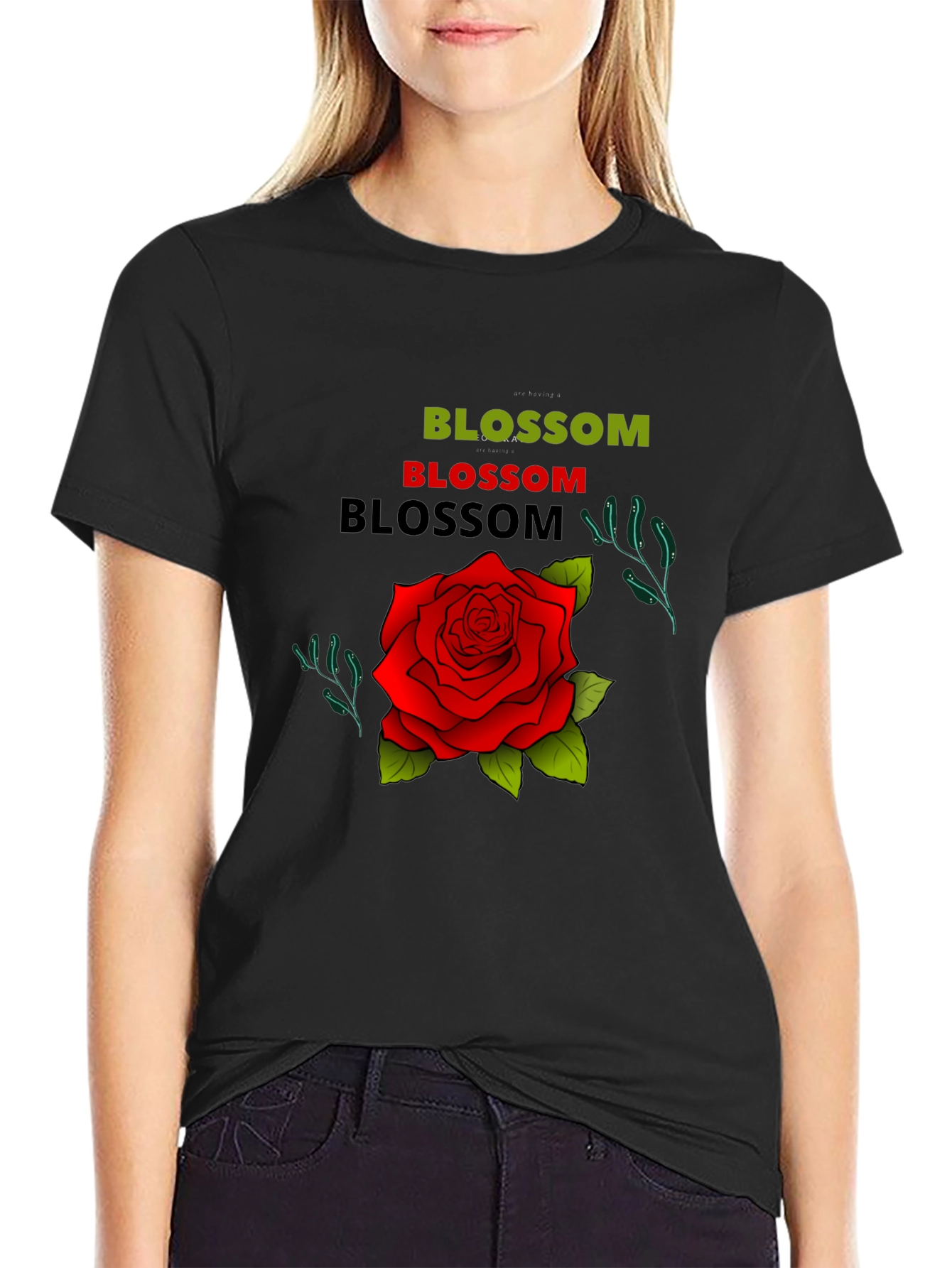 Blossom Rose Graphic Tee - Black Cotton T-Shirt