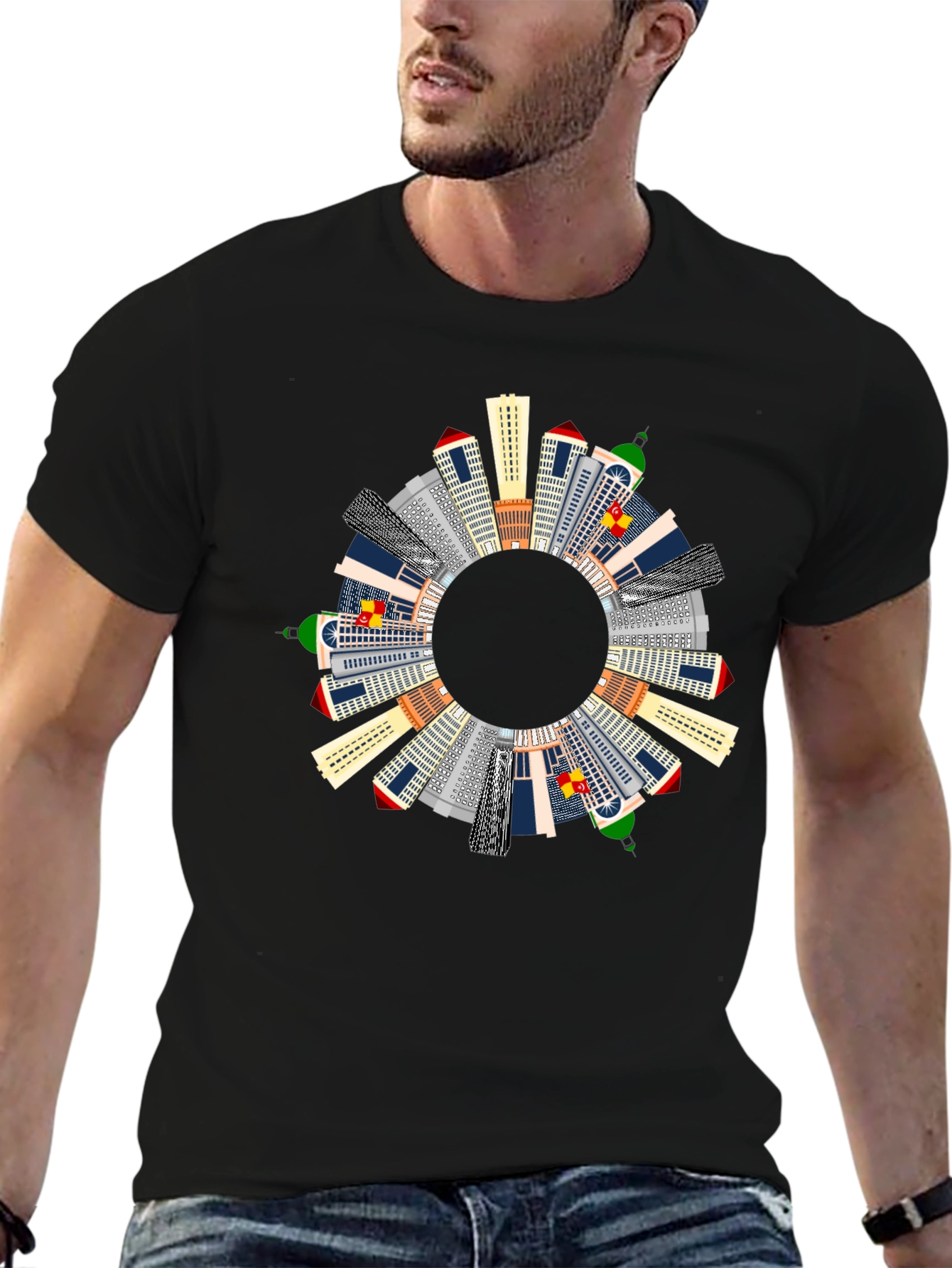 Cityscape Circle Graphic T-Shirt - Black