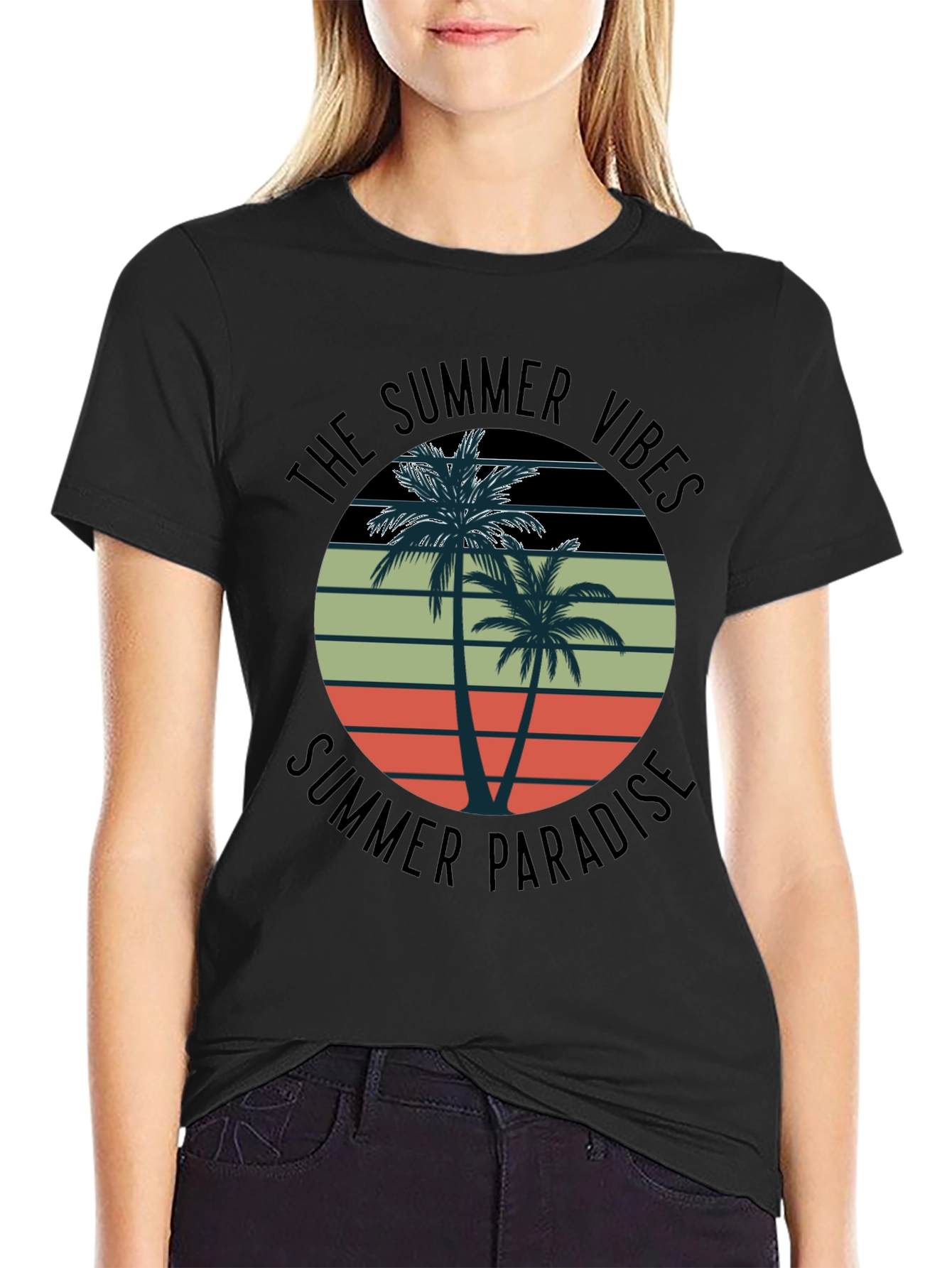 Summer Vibes Palm Tree Graphic Tee - Black