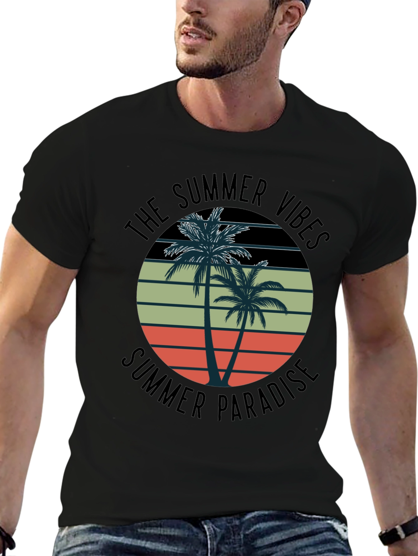 Summer Vibes Palm Tree Graphic Tee - Black