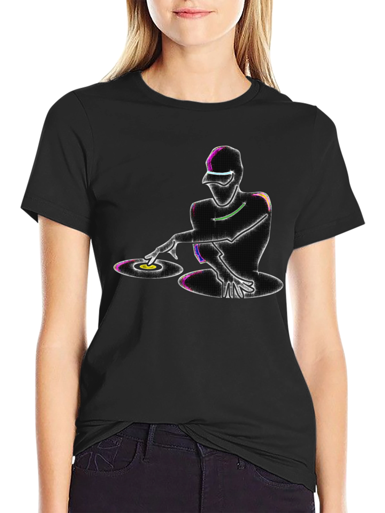Neon DJ Graphic T-Shirt - Black Cotton Blend