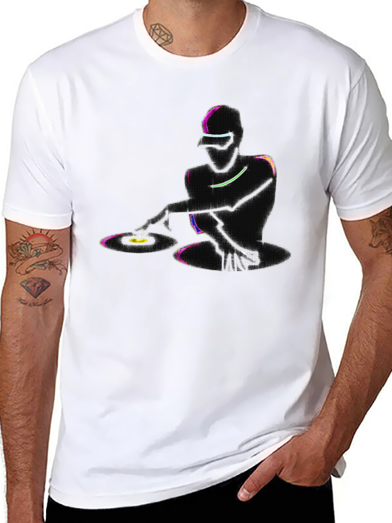 Neon DJ Graphic T-Shirt - Black Cotton Blend