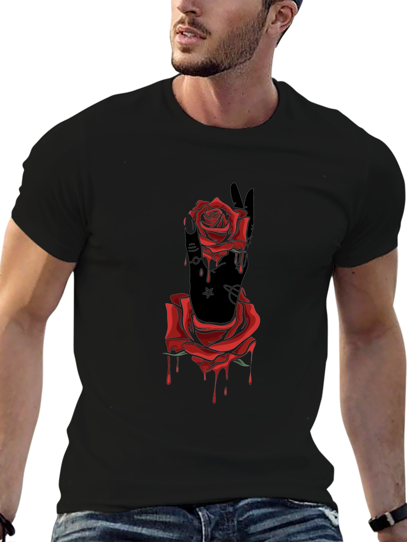Rose Hand Graphic T-Shirt - Stylish Mens Tee