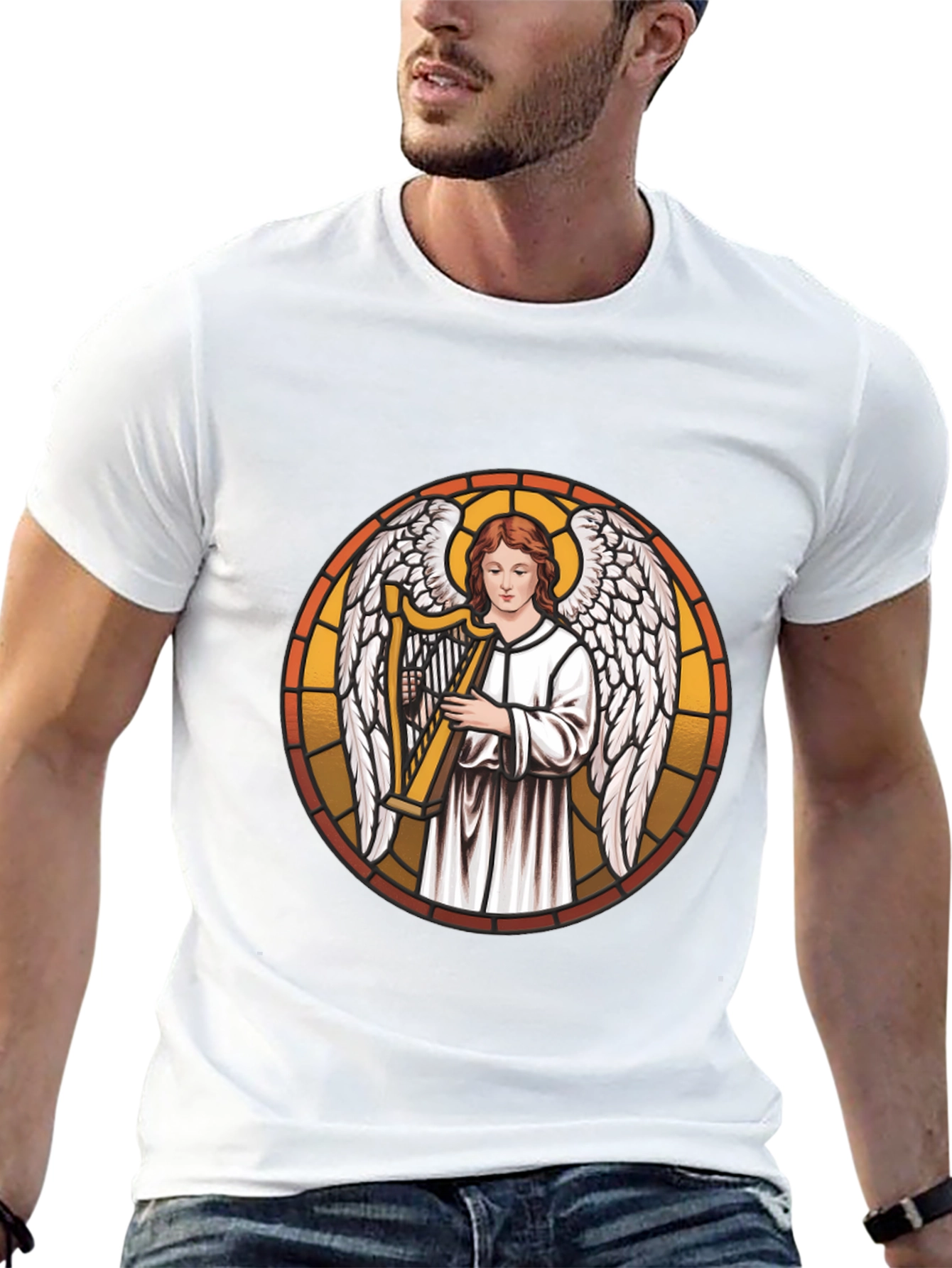 Angel Harpist Black T-Shirt - Religious Graphic Tee