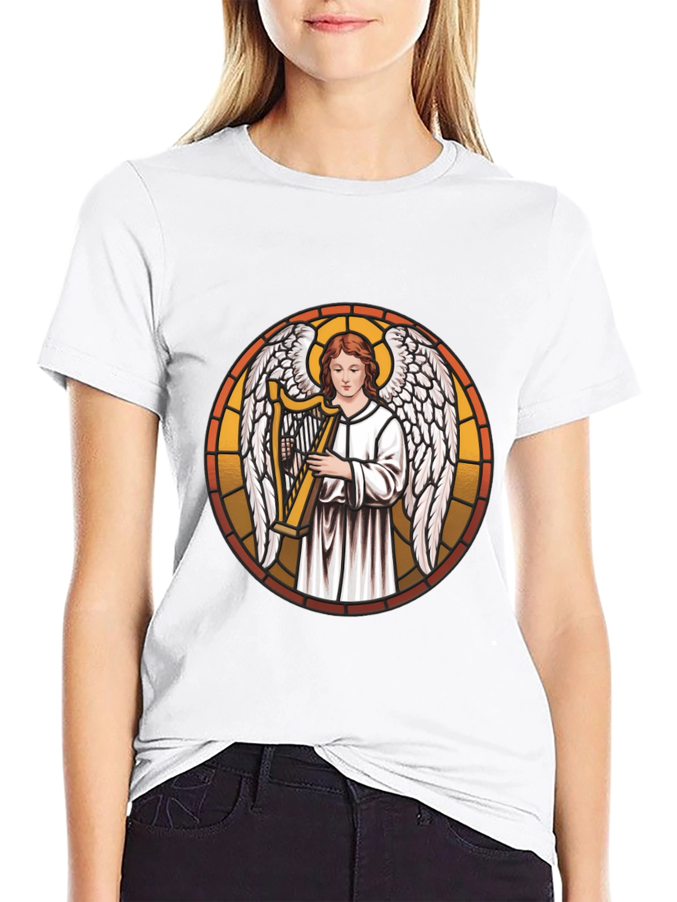 Angel Harpist Black T-Shirt - Religious Graphic Tee