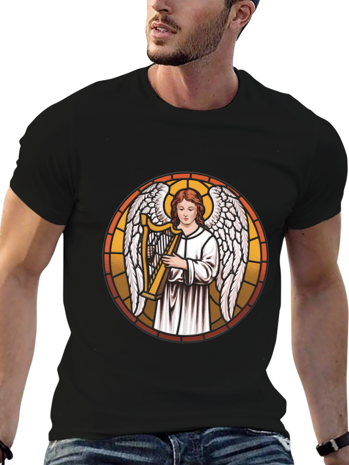 Angel Harpist Black T-Shirt - Religious Graphic Tee