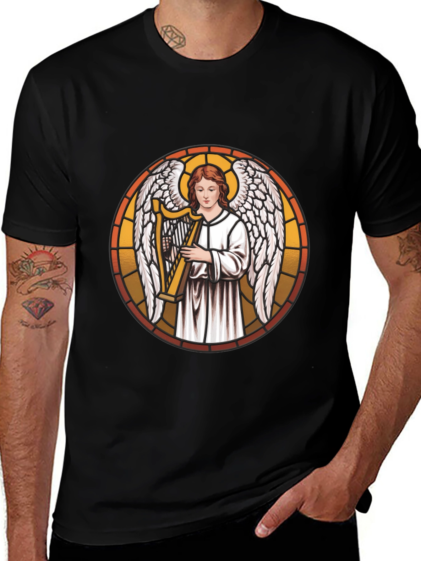 Angel Harpist Black T-Shirt - Religious Graphic Tee