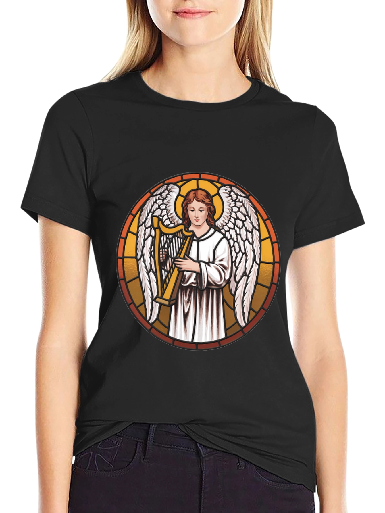Angel Harpist Black T-Shirt - Religious Graphic Tee