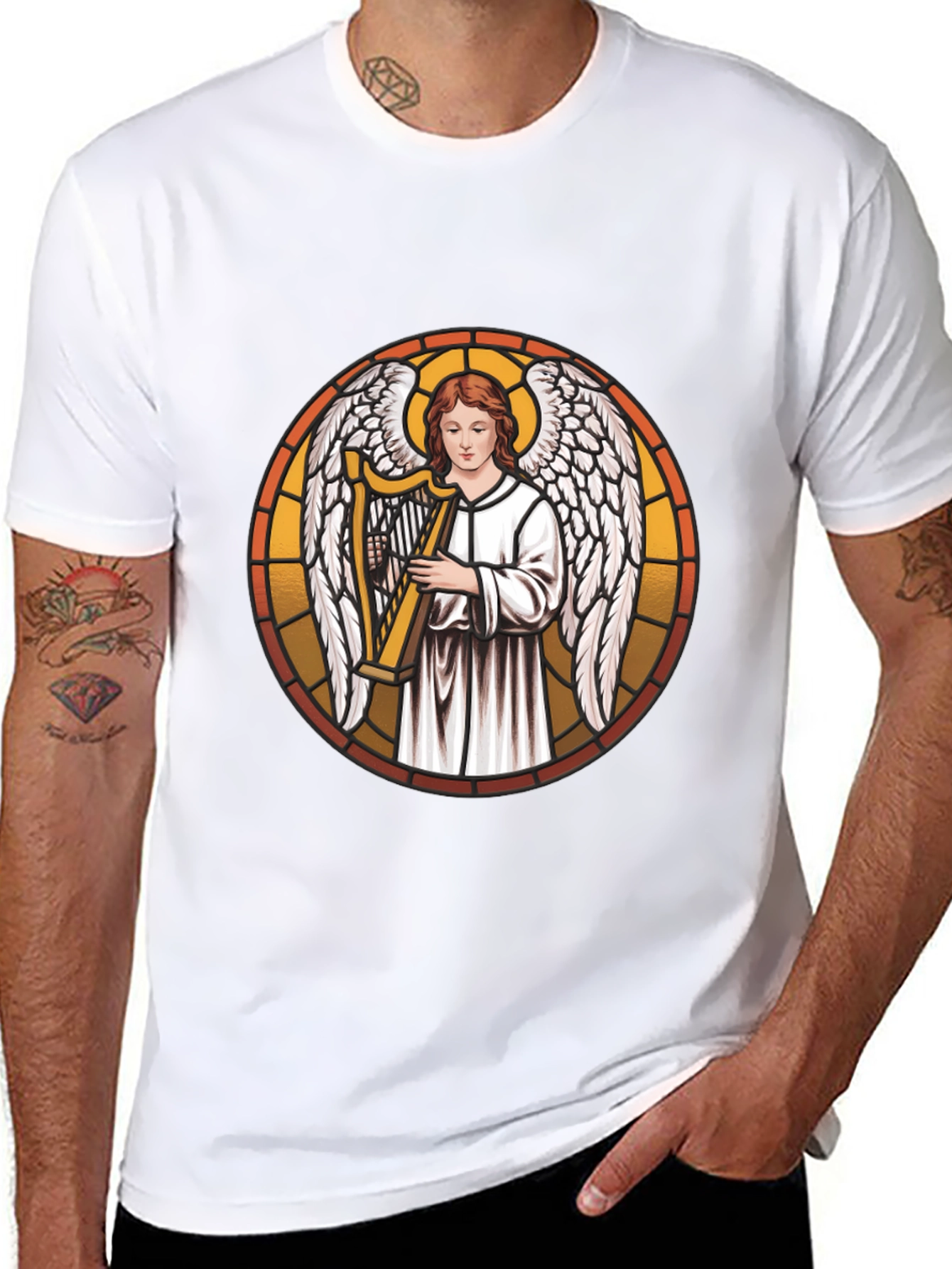 Angel Harpist Black T-Shirt - Religious Graphic Tee