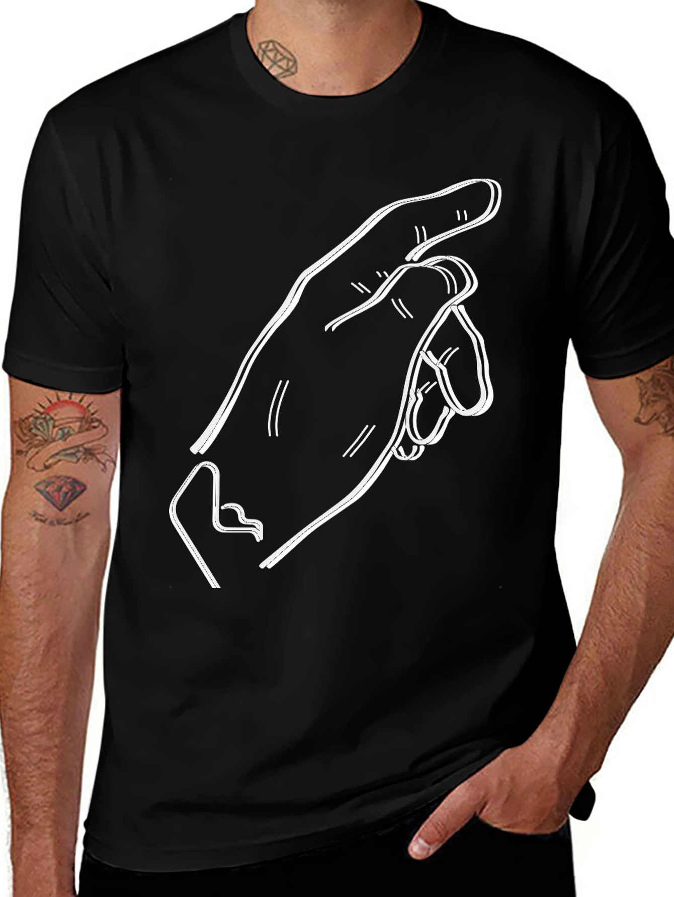 Black Tee with Hand Gesture Graphic Print
