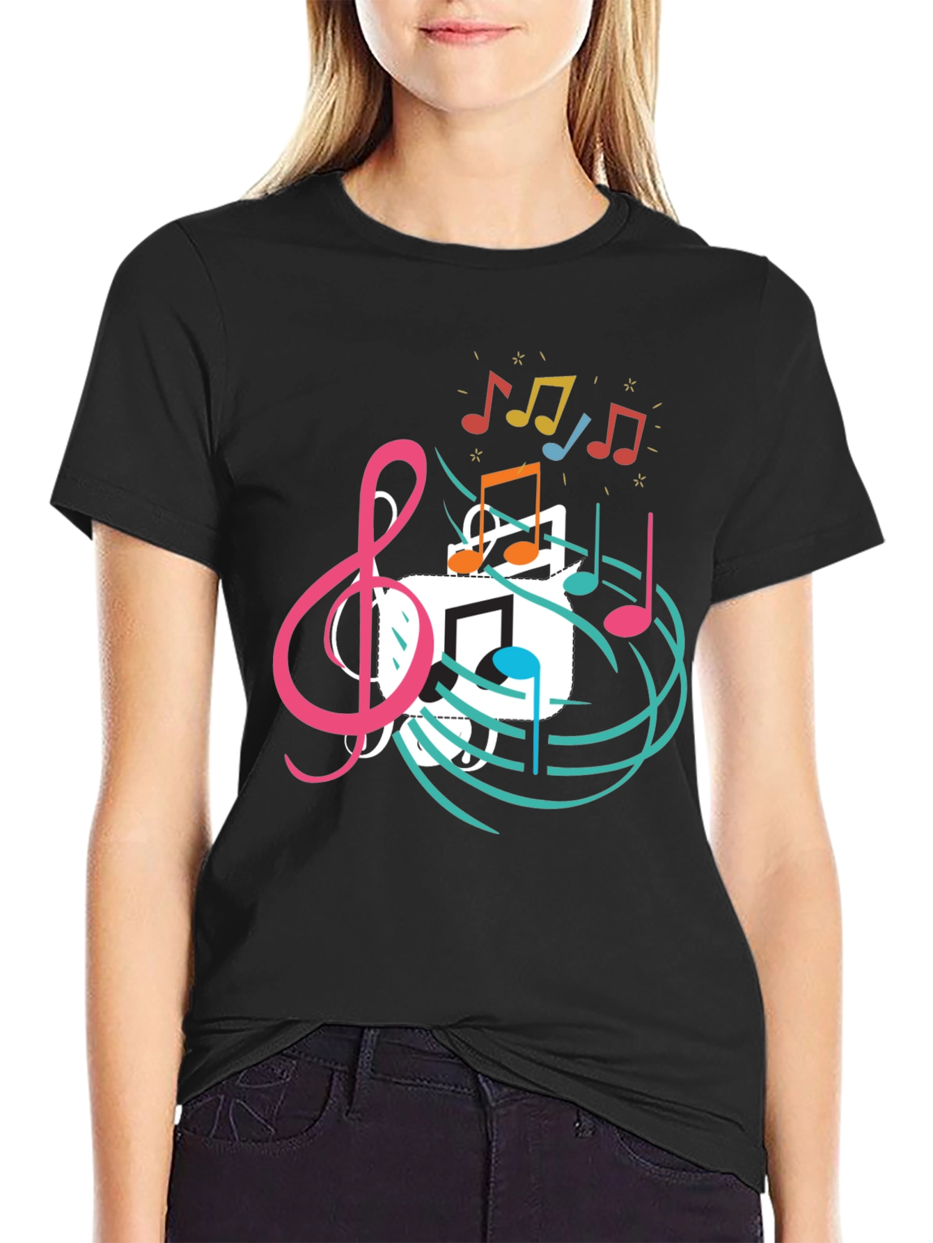 Musical Note Graphic Print Black T-Shirt