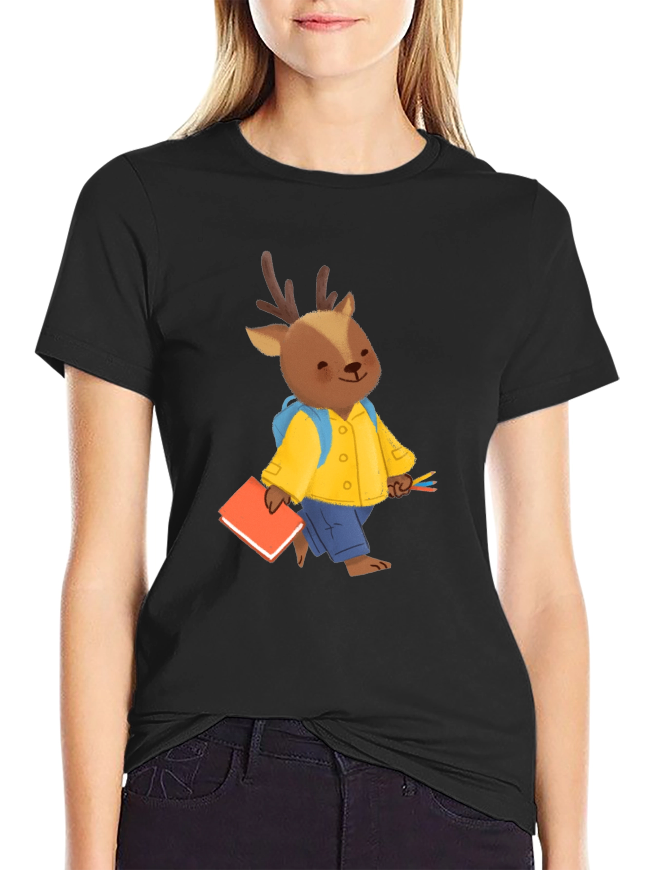 Cute Deer Cartoon Black T-shirt