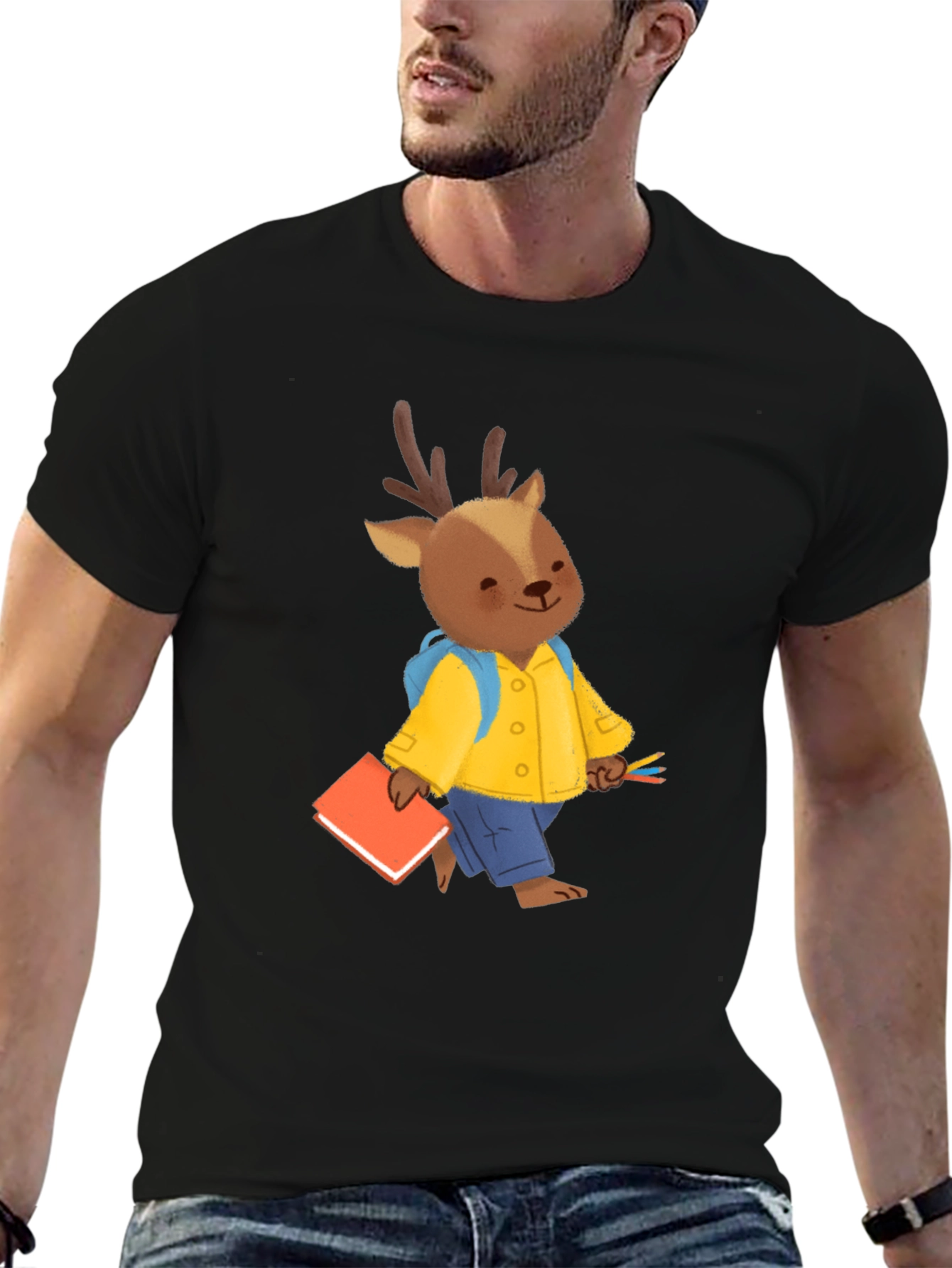 Cute Deer Cartoon Black T-shirt