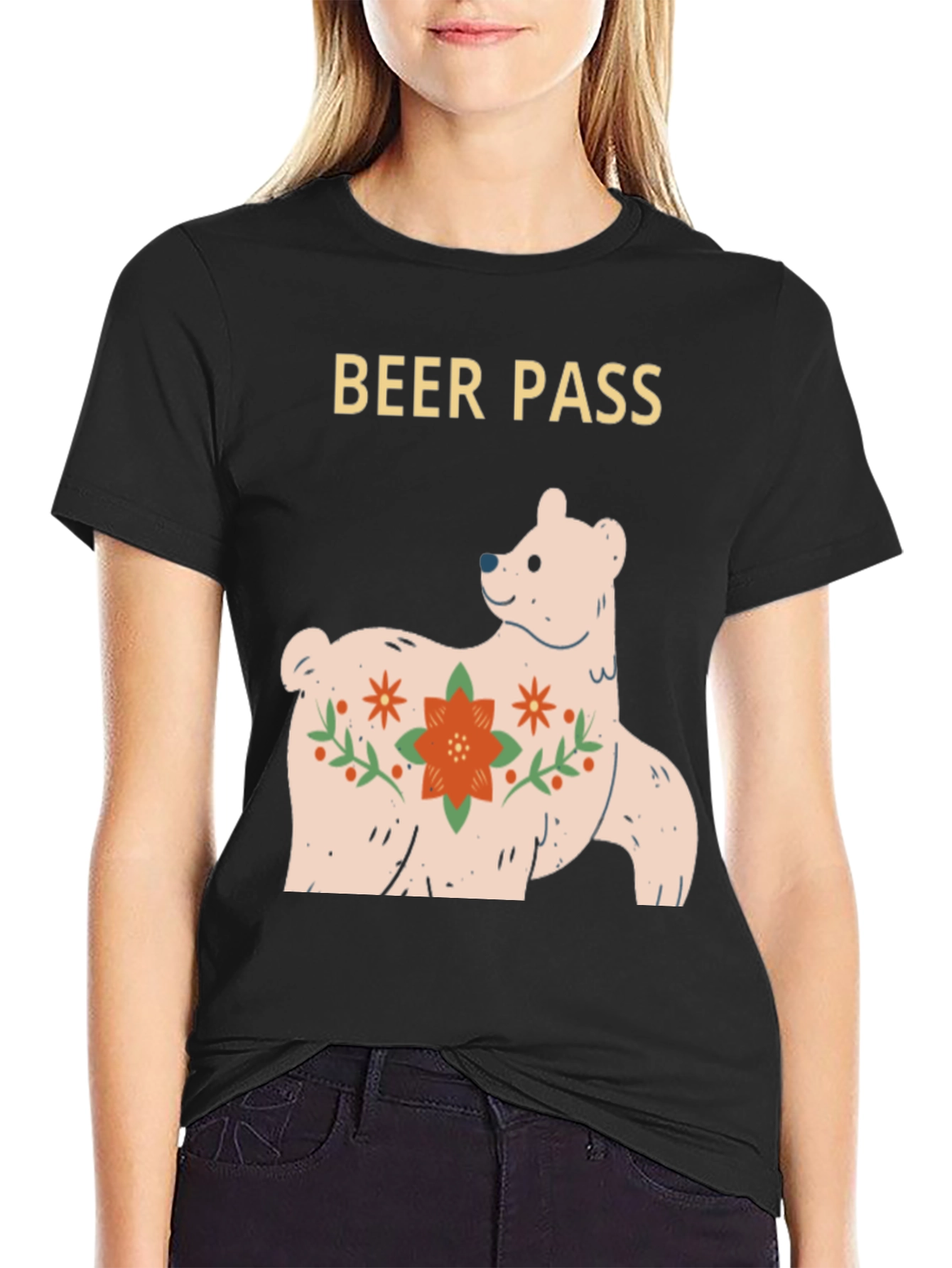 Beer Pass Bear Graphic Tee - Black