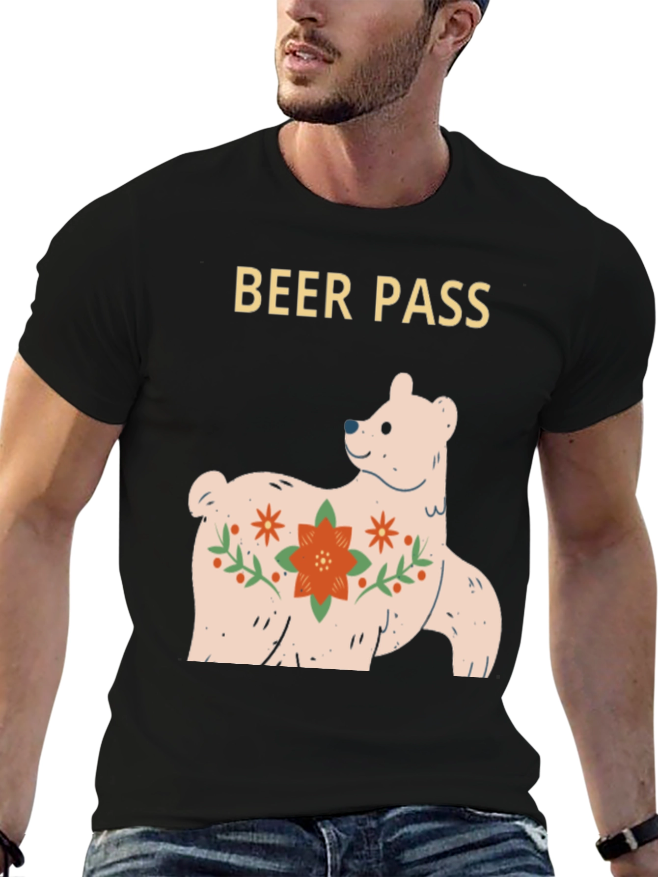 Beer Pass Bear Graphic Tee - Black