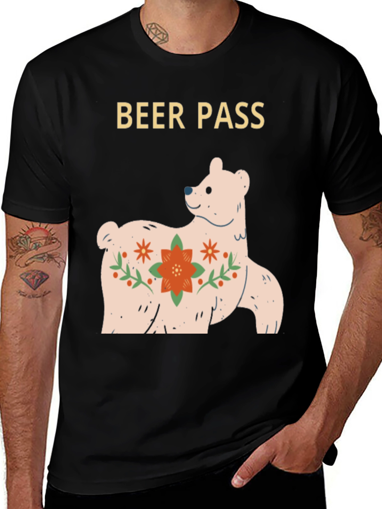 Beer Pass Bear Graphic Tee - Black