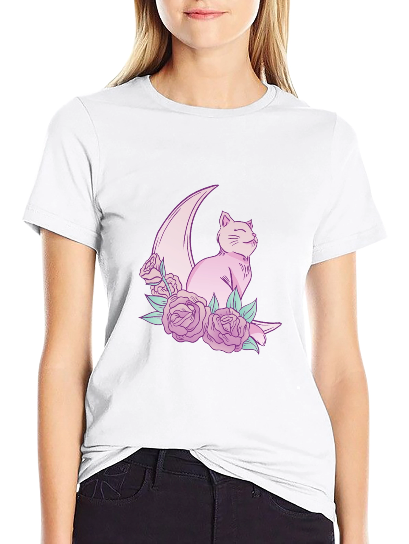 Crescent Cat T-Shirt - Whimsical Feline Design
