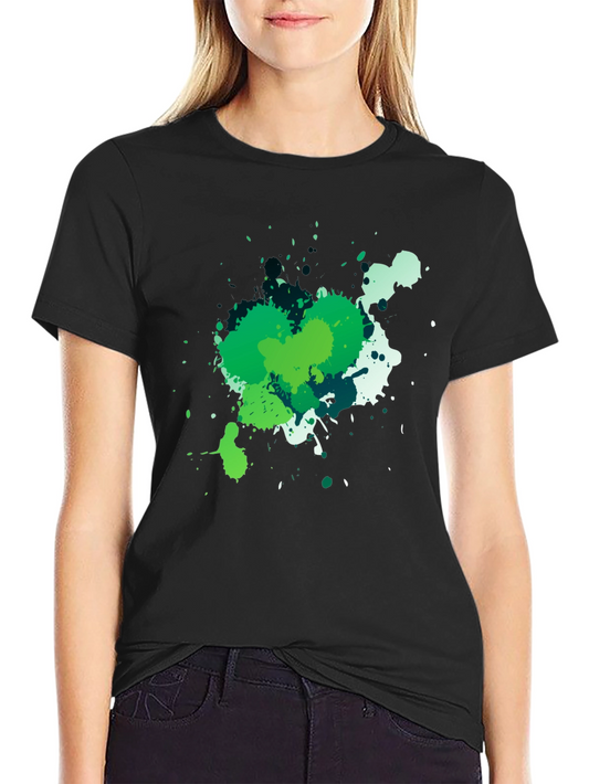 Abstract Green Splatter Graphic Black T-Shirt