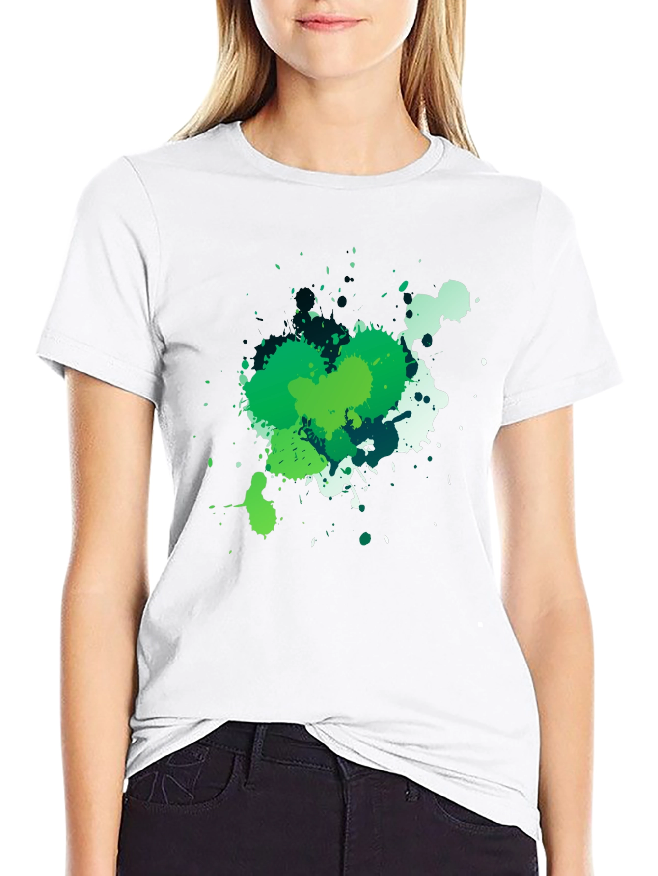 Abstract Green Splatter Graphic Black T-Shirt