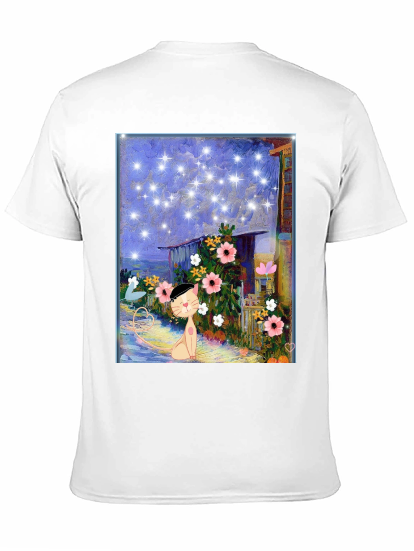 Whimsical Cat Art T-Shirt - Starry Night Garden