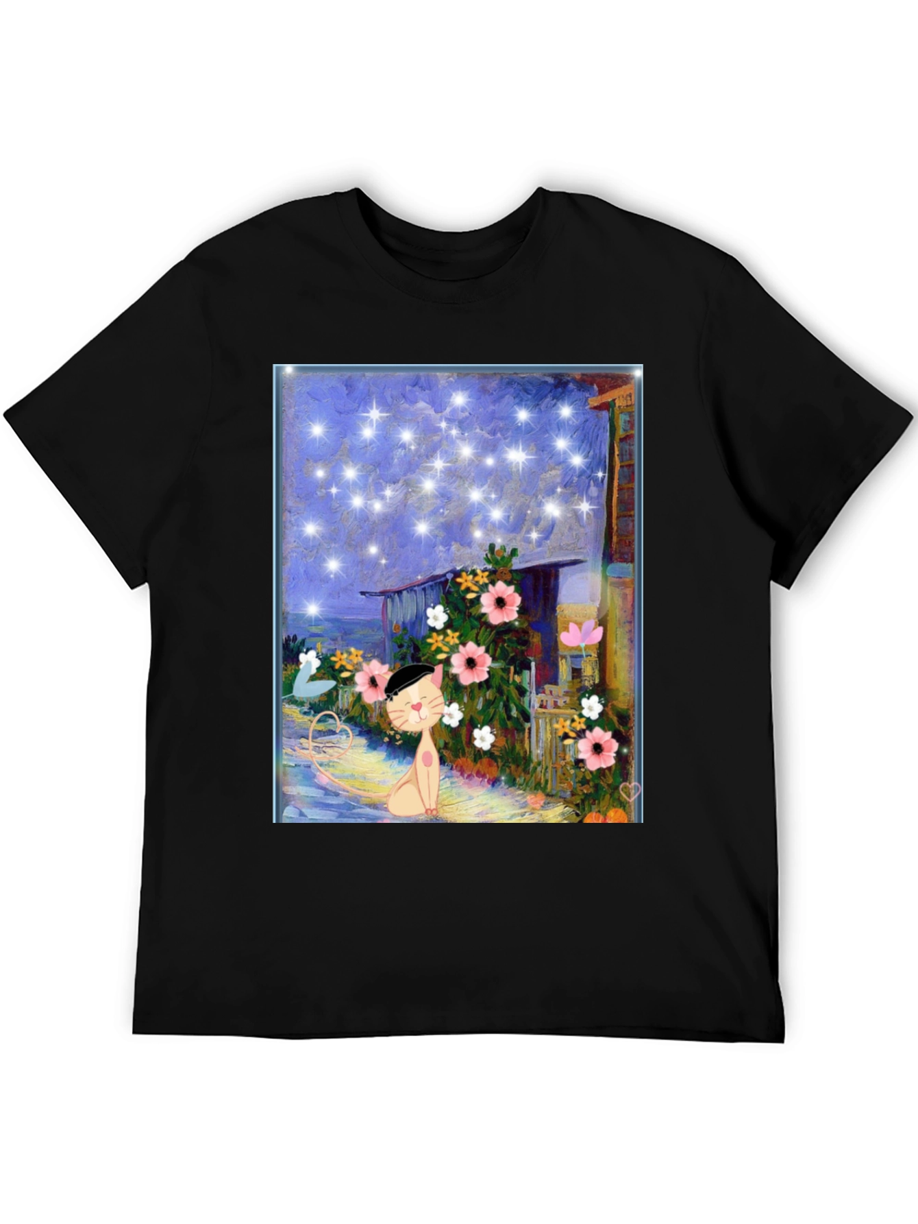 Whimsical Cat Art T-Shirt - Starry Night Garden