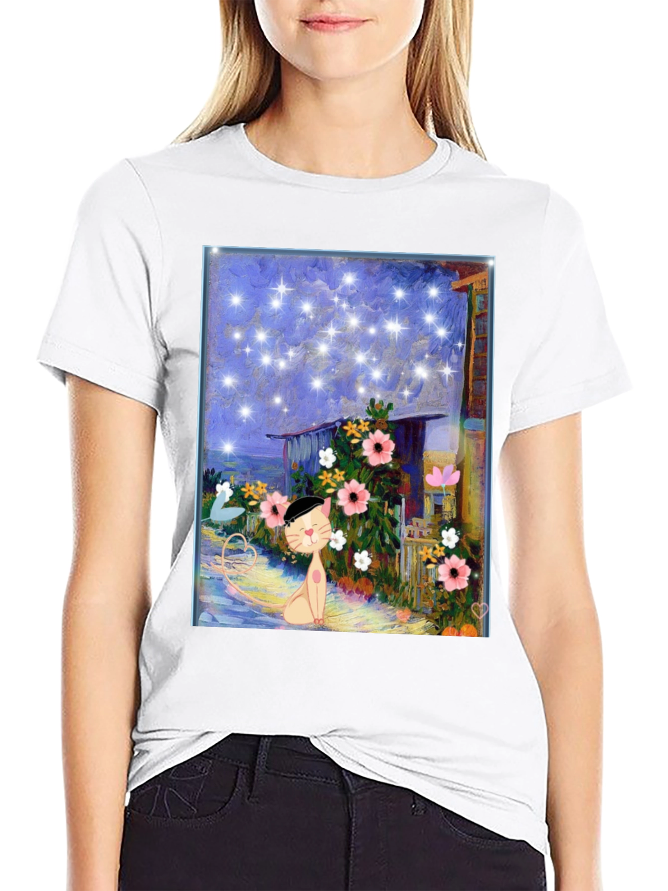 Whimsical Cat Art T-Shirt - Starry Night Garden