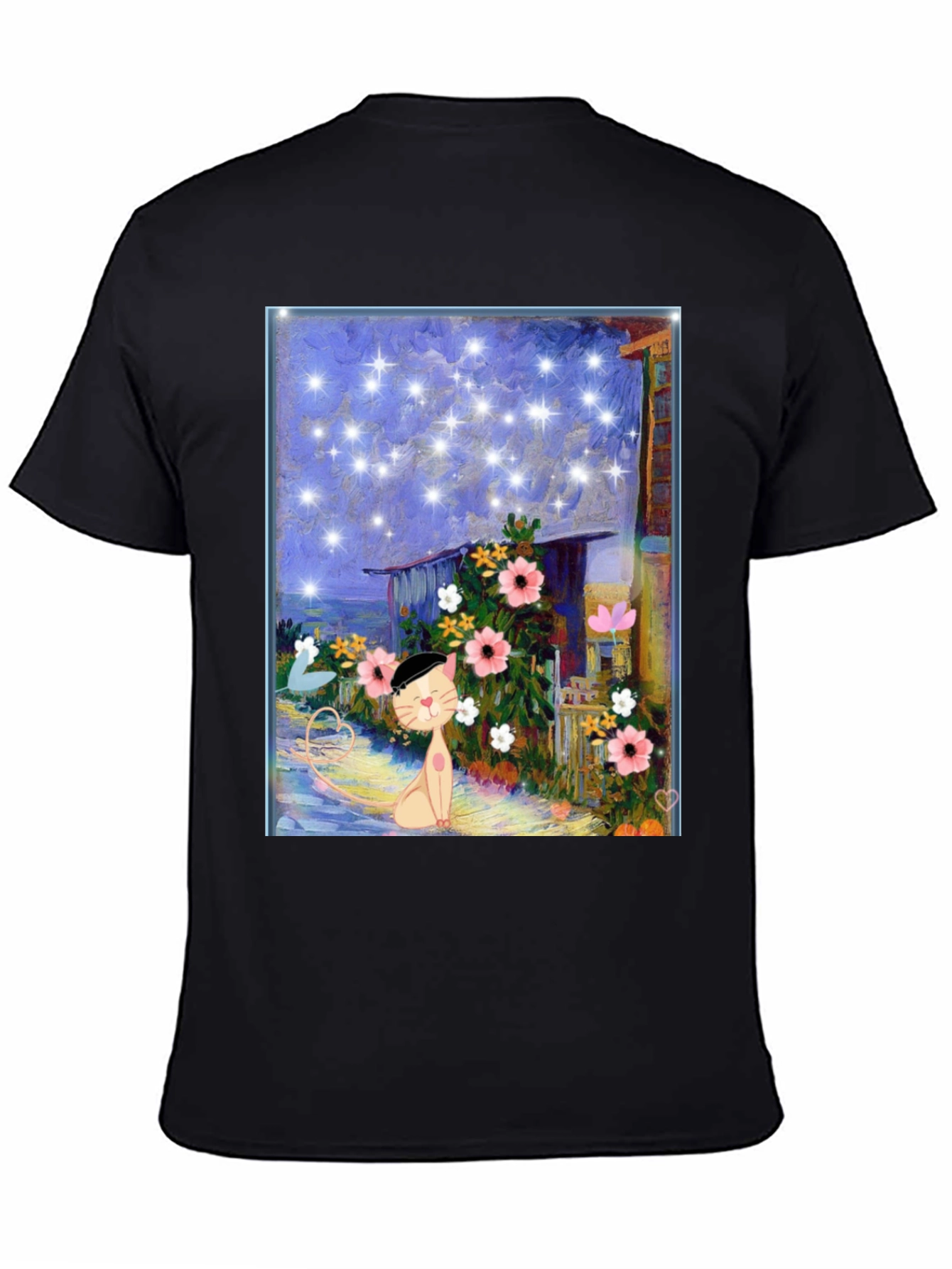 Whimsical Cat Art T-Shirt - Starry Night Garden