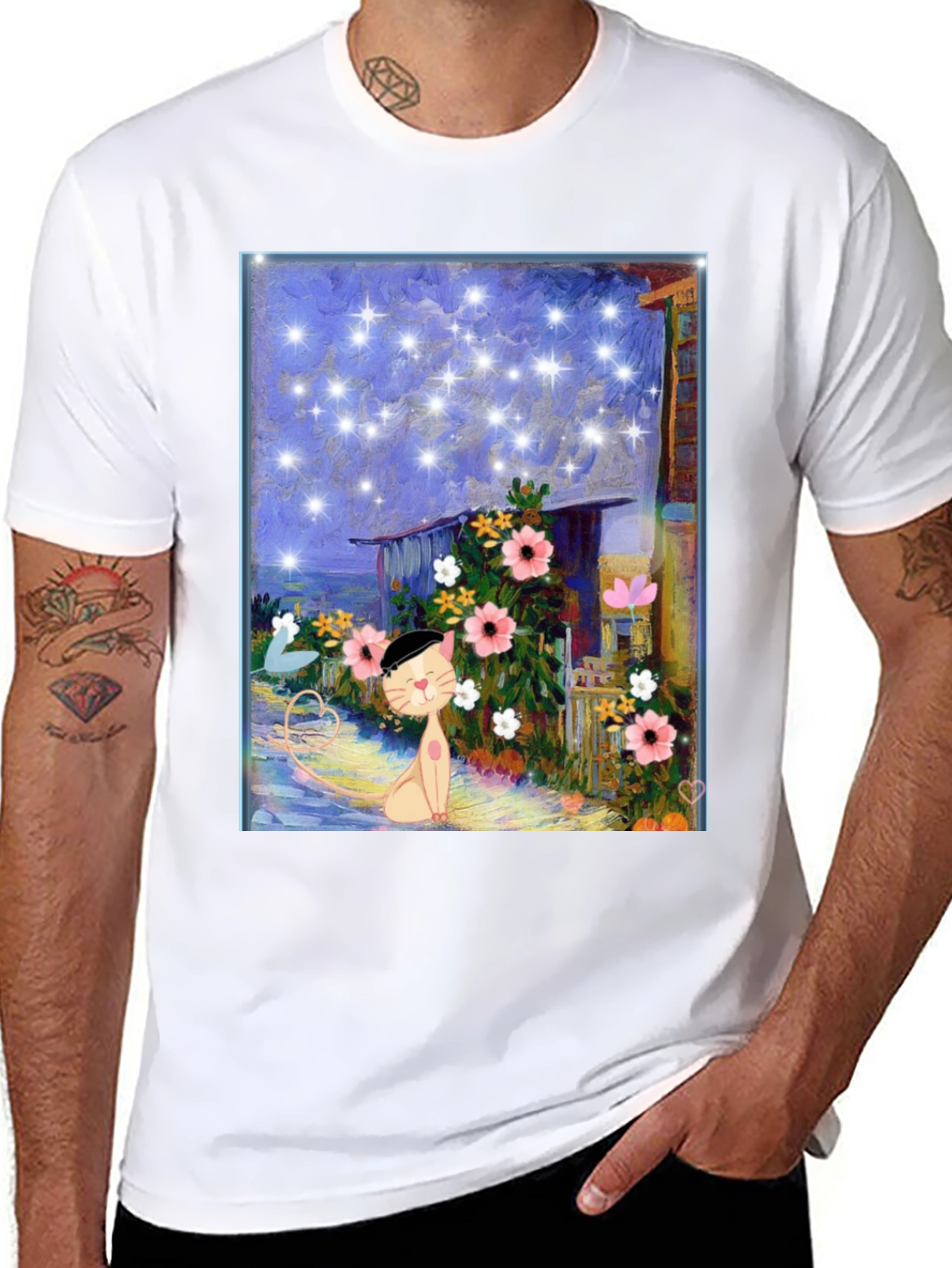 Whimsical Cat Art T-Shirt - Starry Night Garden
