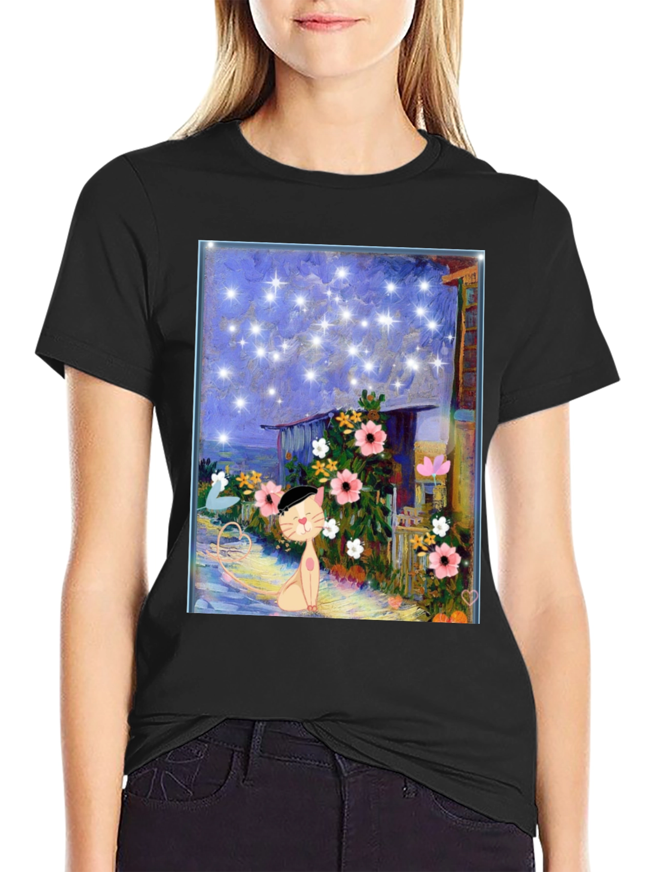 Whimsical Cat Art T-Shirt - Starry Night Garden