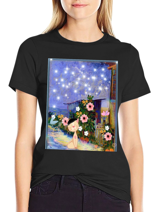 Whimsical Cat Art T-Shirt - Starry Night Garden