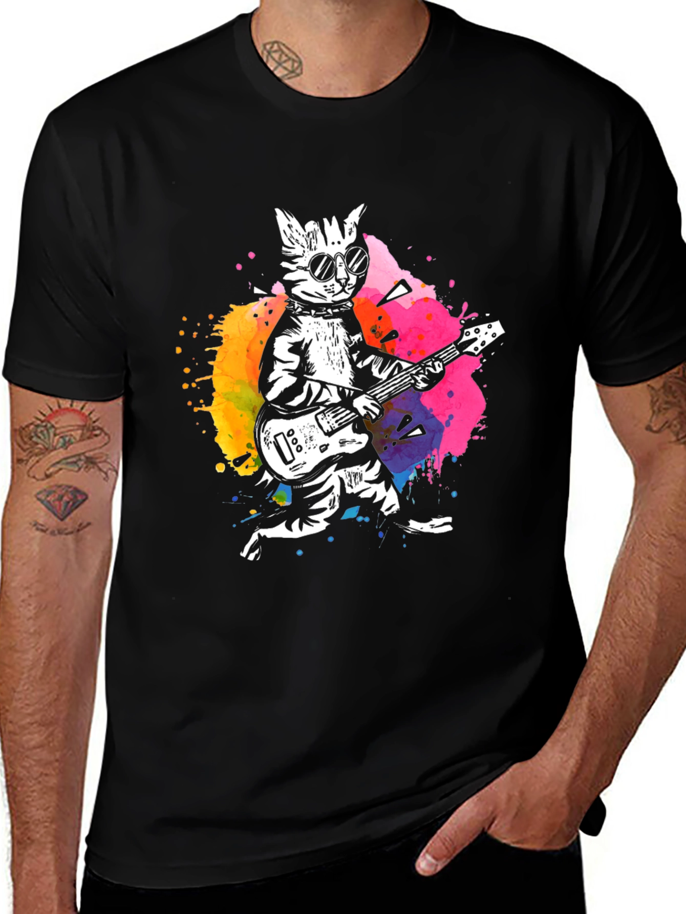 Cool Cat Guitarist Graphic Tee - Black