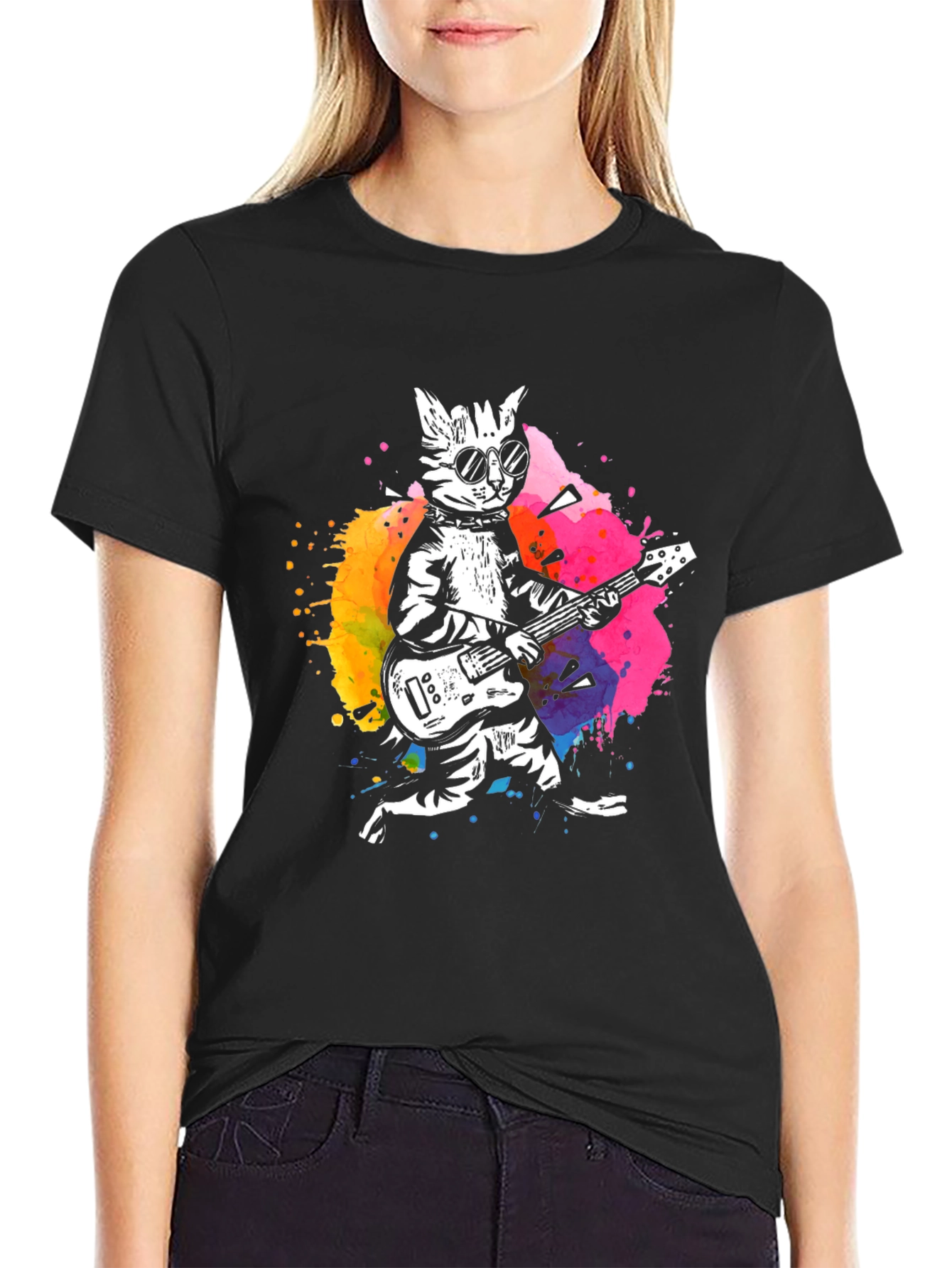 Cool Cat Guitarist Graphic Tee - Black