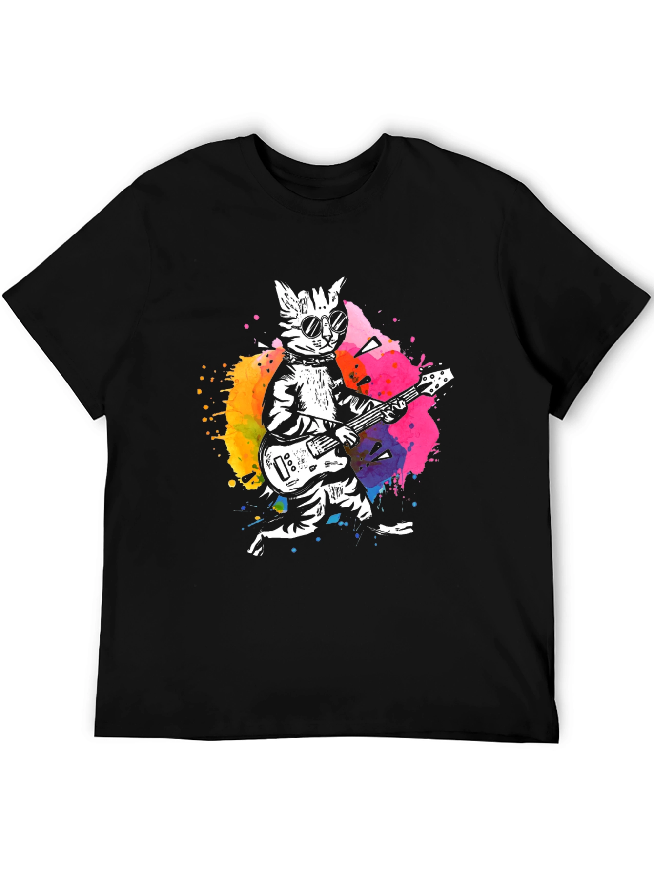 Cool Cat Guitarist Graphic Tee - Black