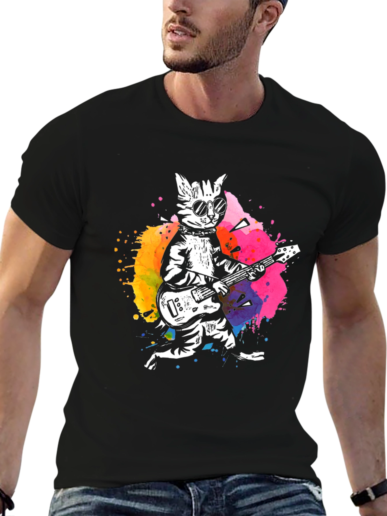 Cool Cat Guitarist Graphic Tee - Black