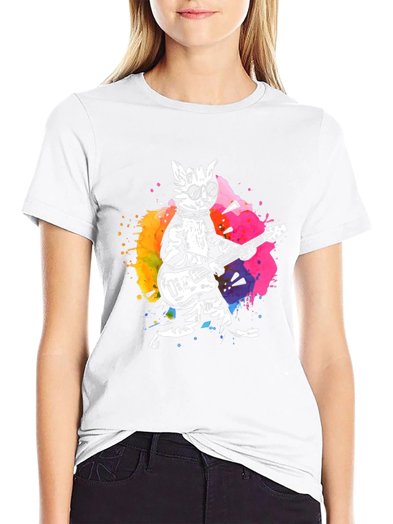 Cool Cat Guitarist Graphic Tee - Black