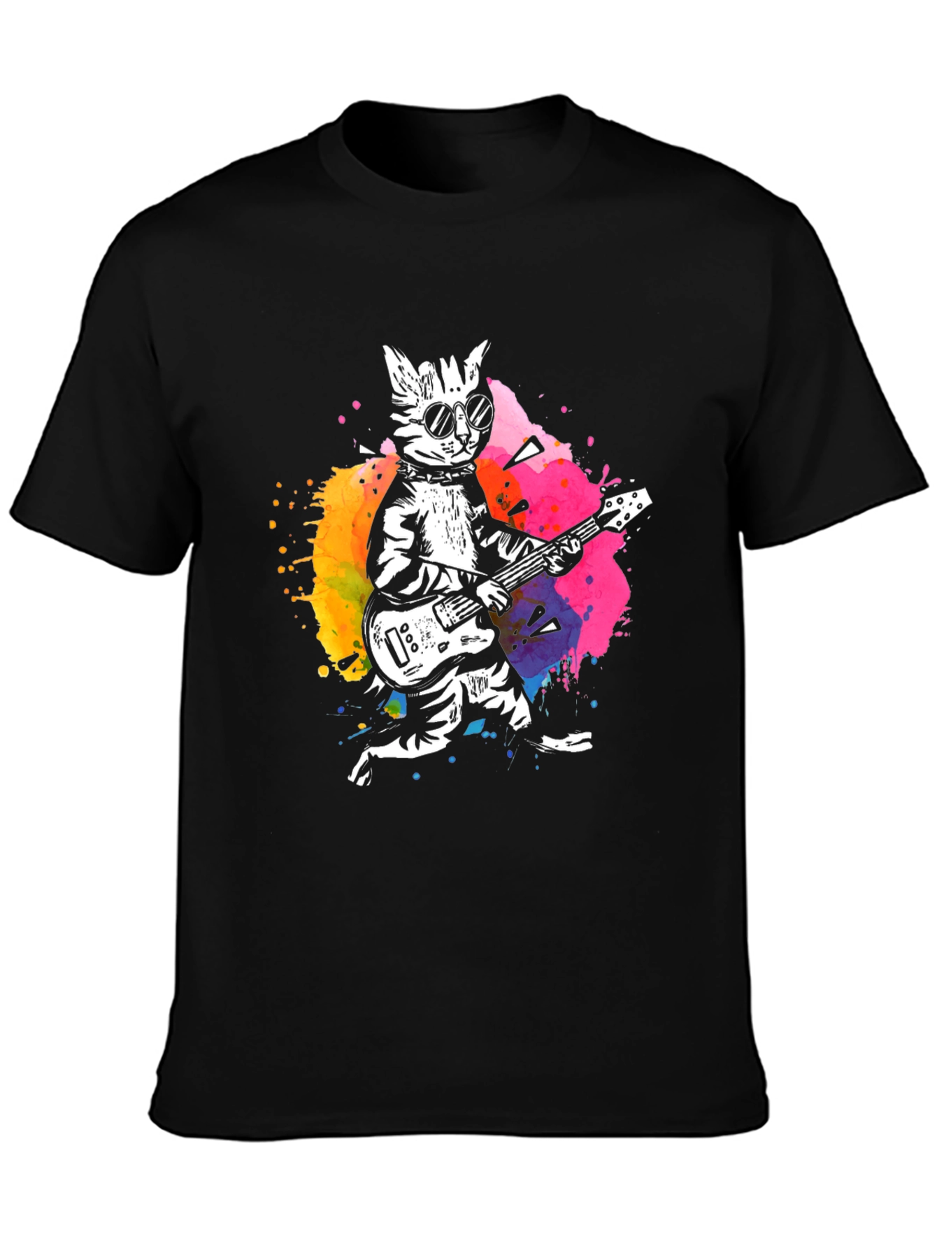 Cool Cat Guitarist Graphic Tee - Black