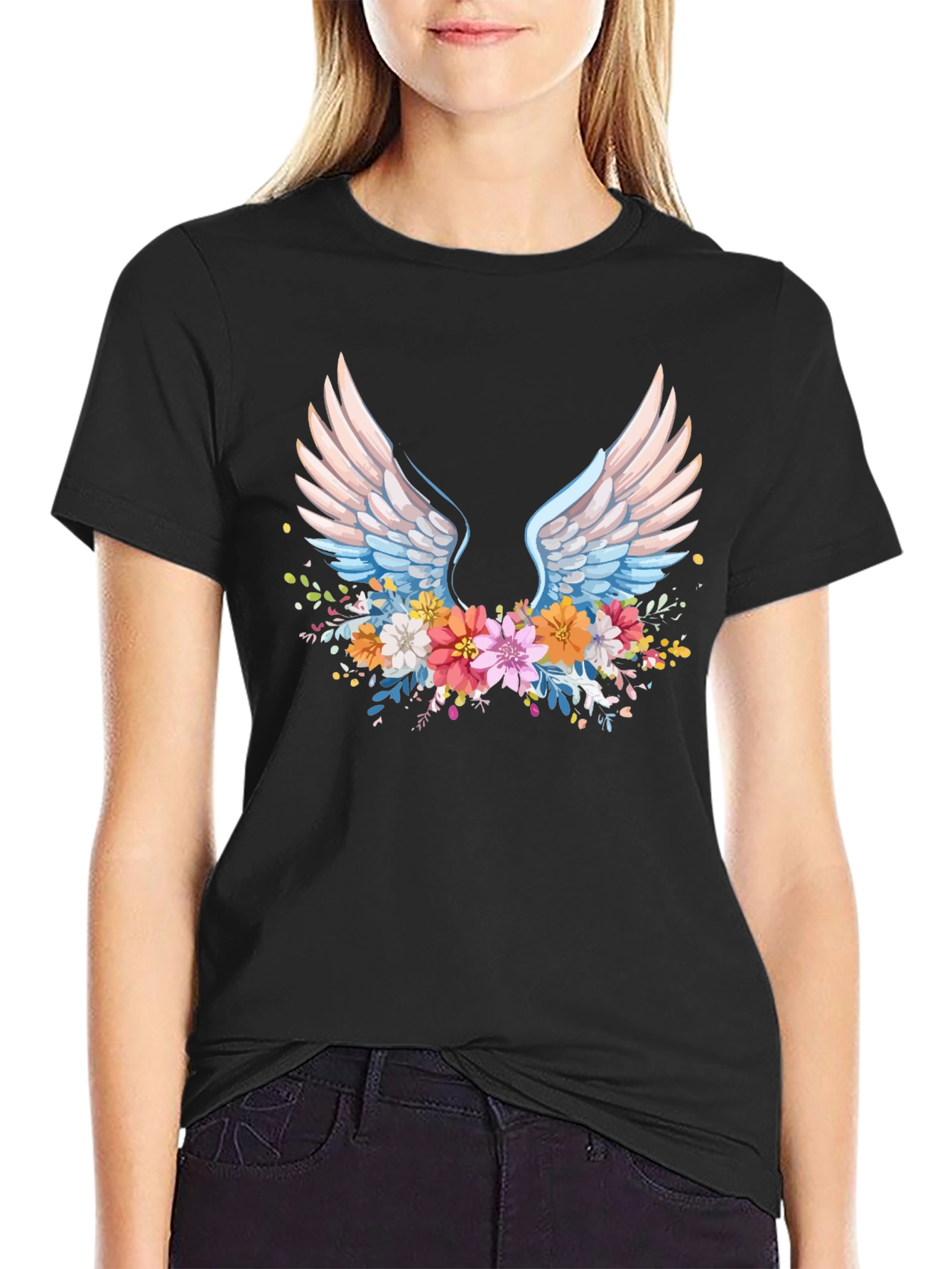 Floral Wings Graphic Black T-Shirt