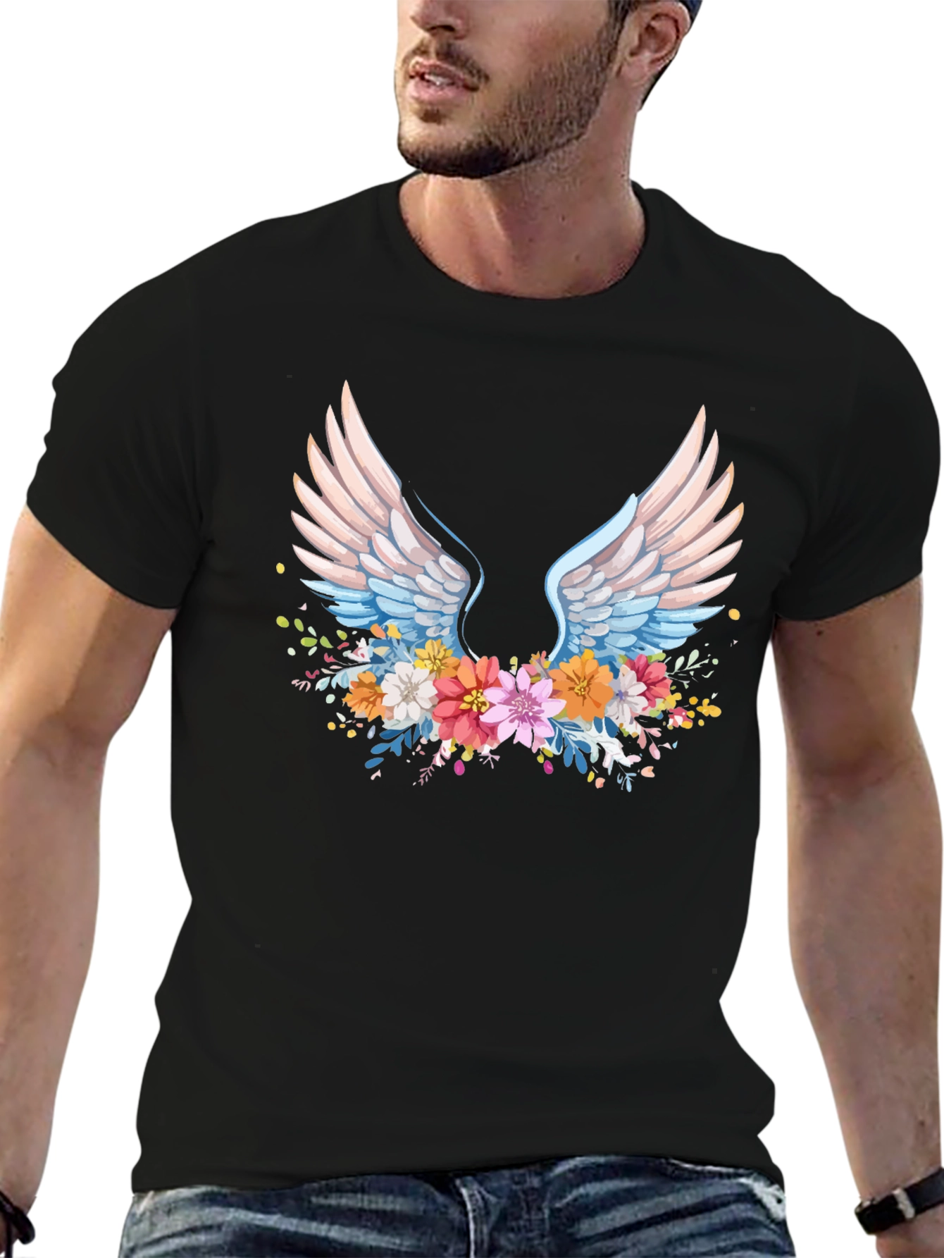 Floral Wings Graphic Black T-Shirt