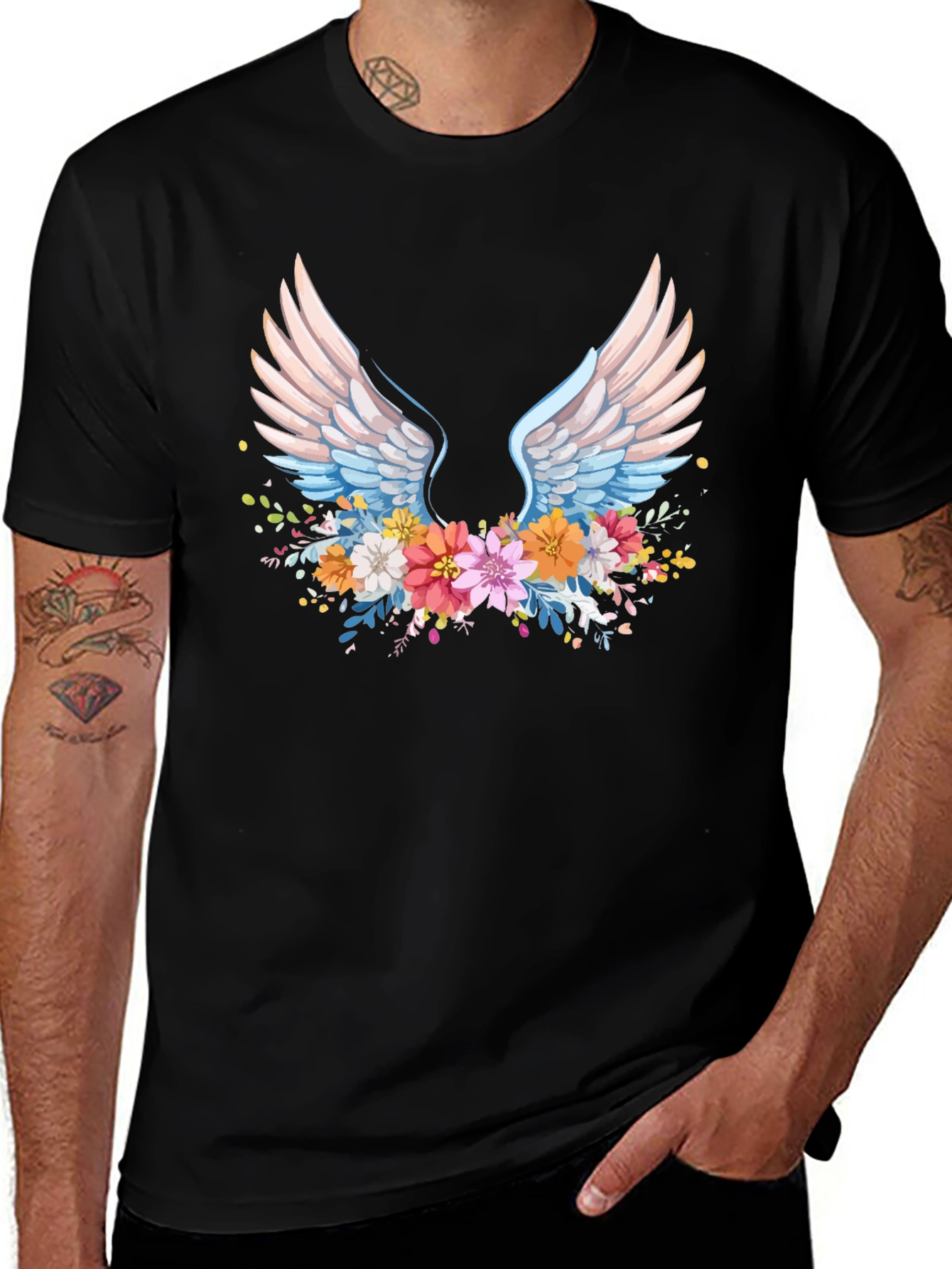 Floral Wings Graphic Black T-Shirt