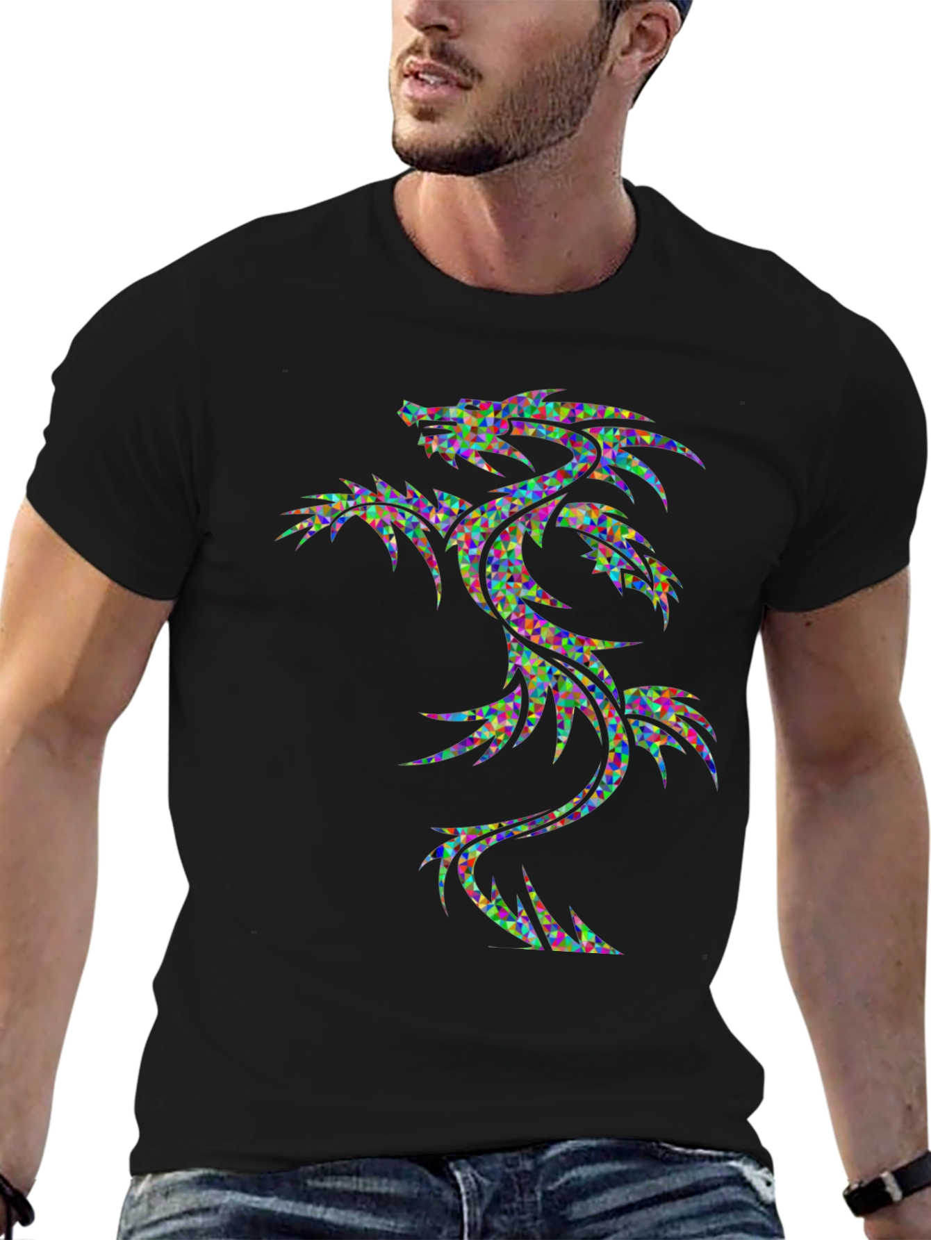 Geometric Dragon Graphic Tee - Mens Black T-Shirt