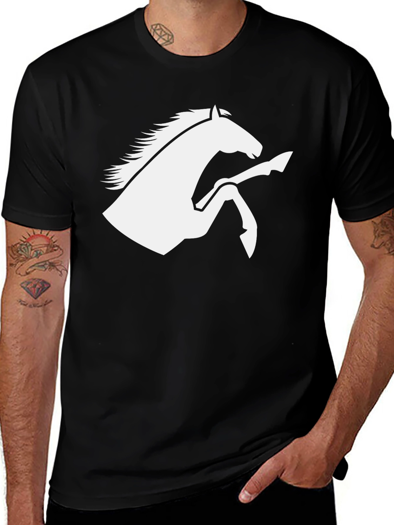 Black T-Shirt with White Horse Graphic
