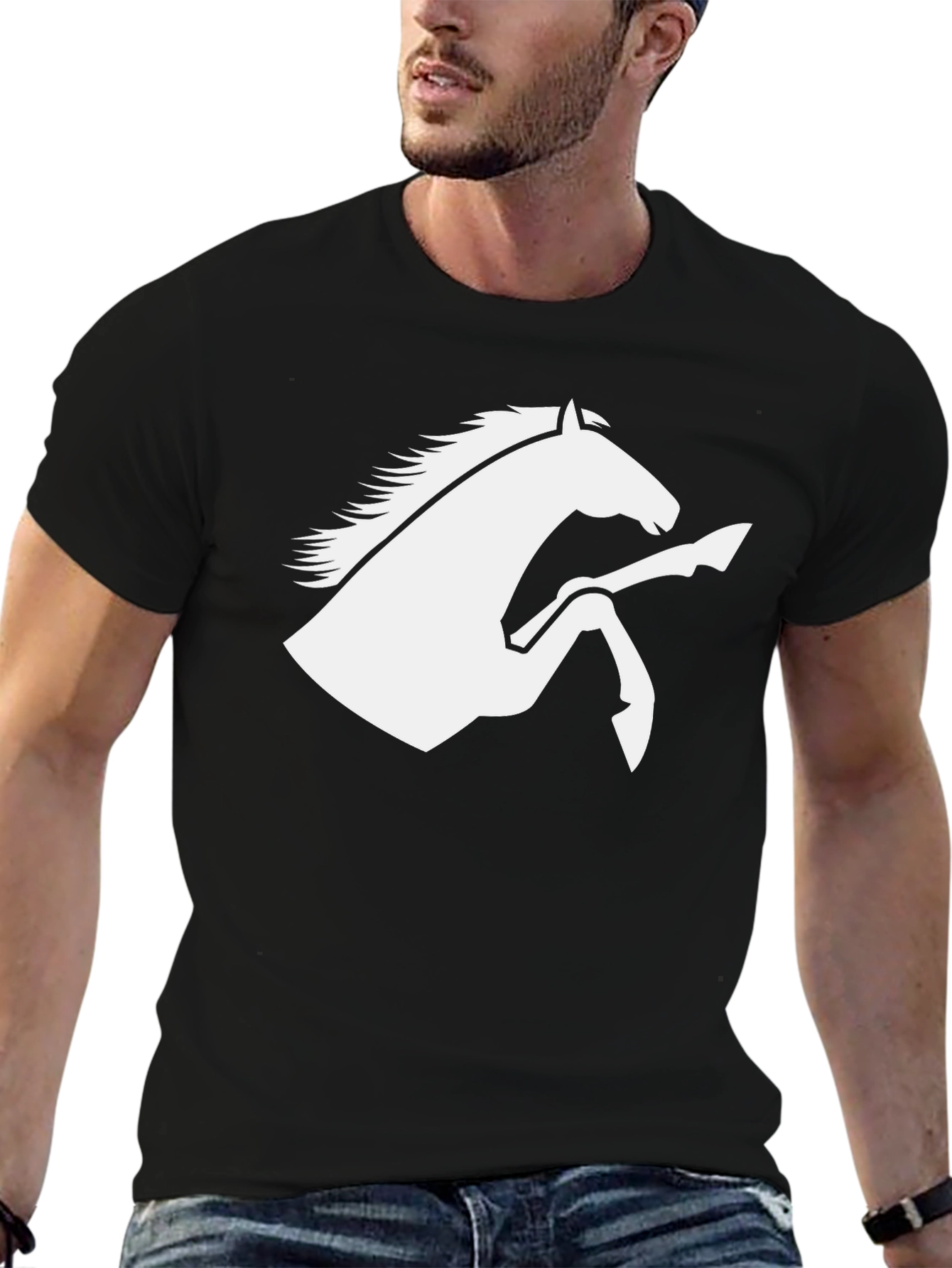 Black T-Shirt with White Horse Graphic